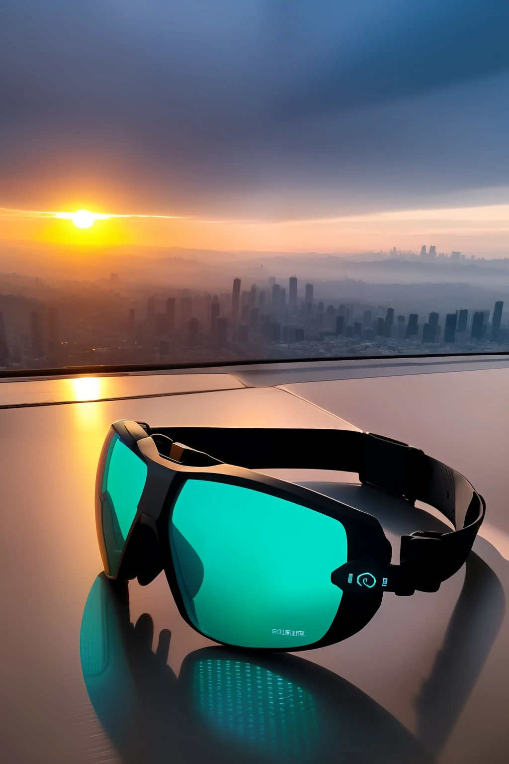 guttonerdvision6, garoto de 3 anos de idade usando oculos olhando o Nascer do sol em uma cidade cyberpunk. Em cima de um arranhaceu, futuristico, Futuro, intrincada, detalhes, great resolution, uhd, 8k