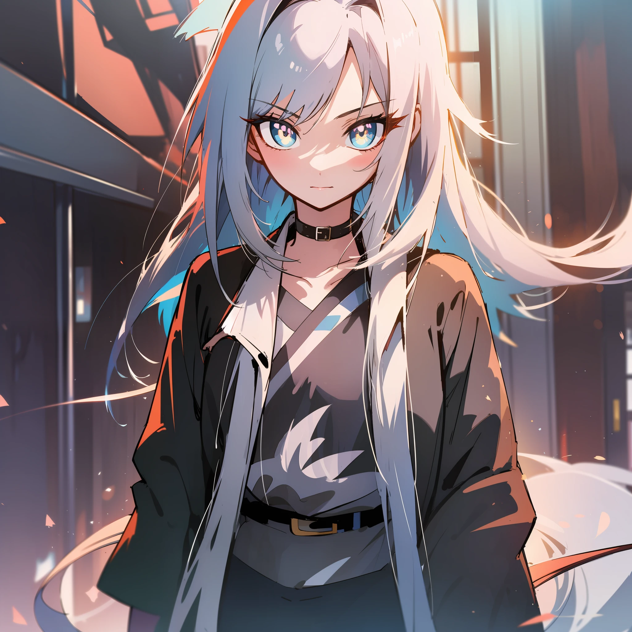 black color hair，Silver pupils，teens girl，style of anime，nigth