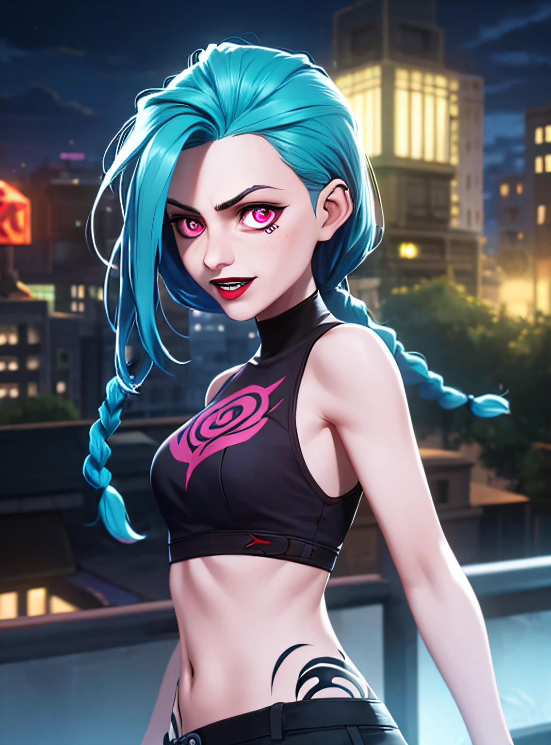 glowing, face focus, portrait, crazy, insanity, glowing pink eyes,arcane style, 1girl, arm tattoo, asymmetrical bangs, bangs, blue hair, braid, brown shirt, cloud tattoo, looking at viewer, laughing, crazy, uncontrollable laugh, mad look, night, city, green hair, long hair, midriff, pink eyes, red lips, shirt, solo, standing, tattoo, twin braids, upper body, arcane jinx, jinx \(league of legends\)
