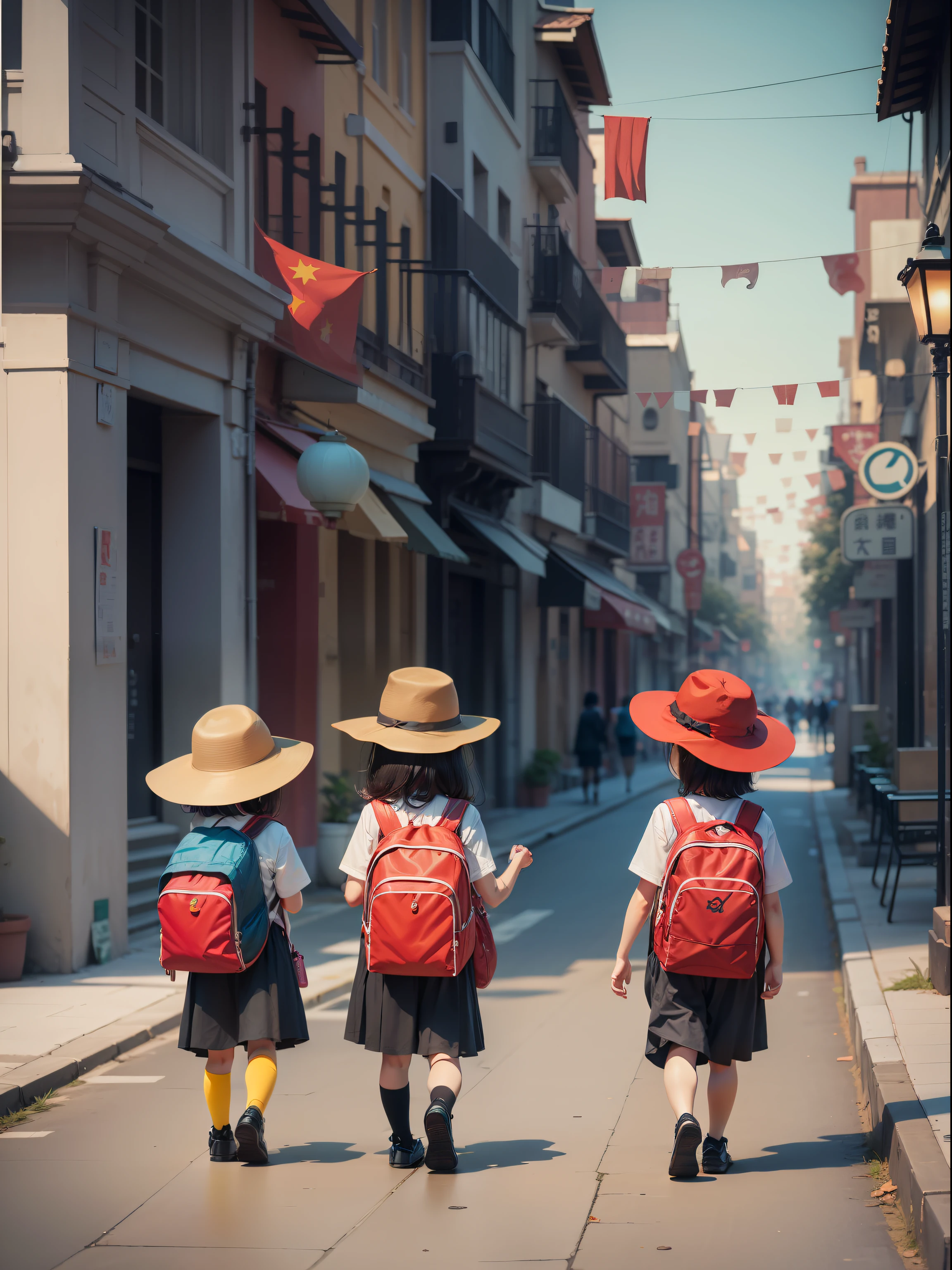 Three or four Chinese children walking down the street, Carrying a school bag，With a red hat，Small red flag in hand，Cute type, Comic style, stickfigure, Color harmony, Quiet, k hd, 8K, adorable expression, , OilPaintStyle，Fill in color，Cartoony，stickfigure