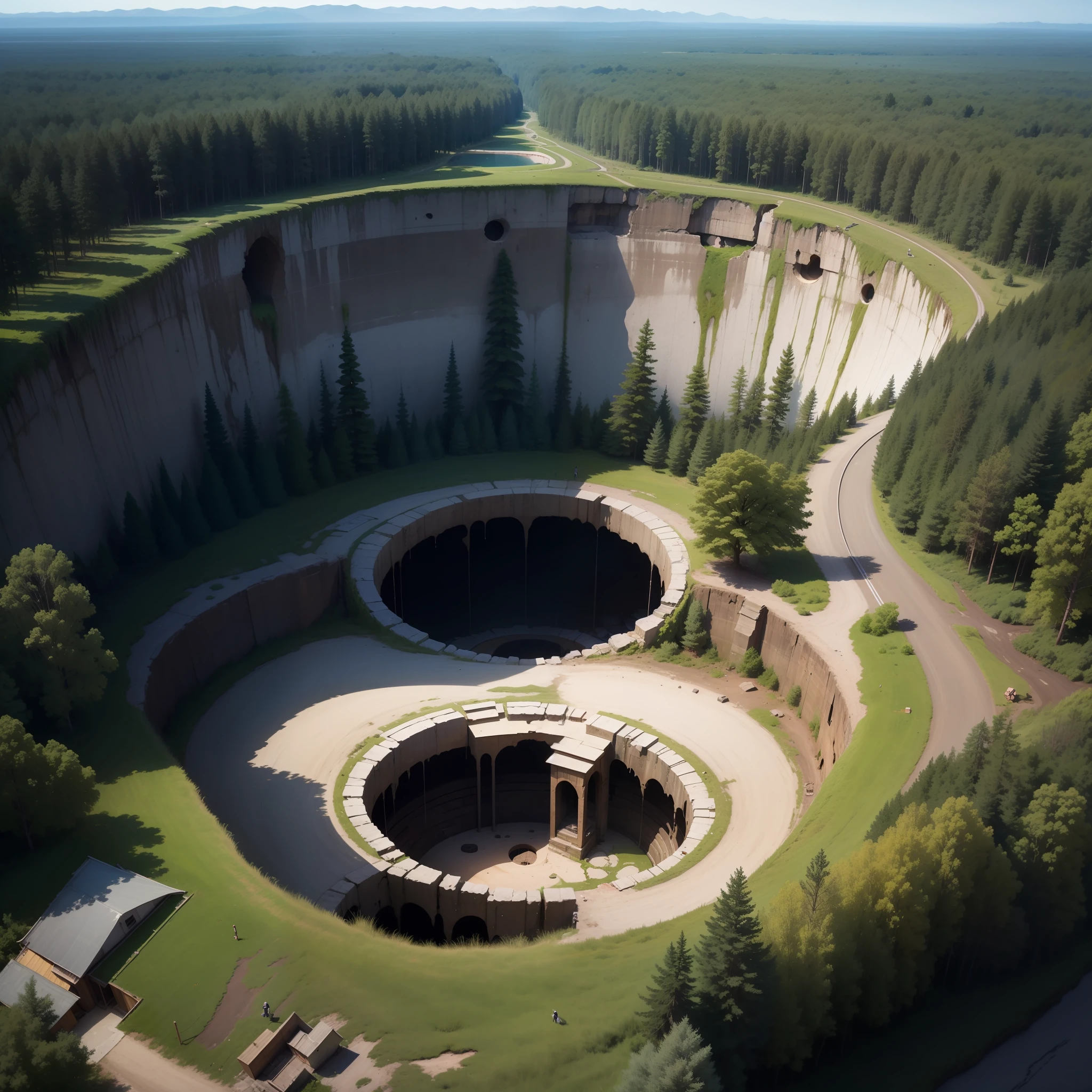 In the forest there is a giant sinkhole with a diameter of 1,000 meters and a depth of 30,000 meters