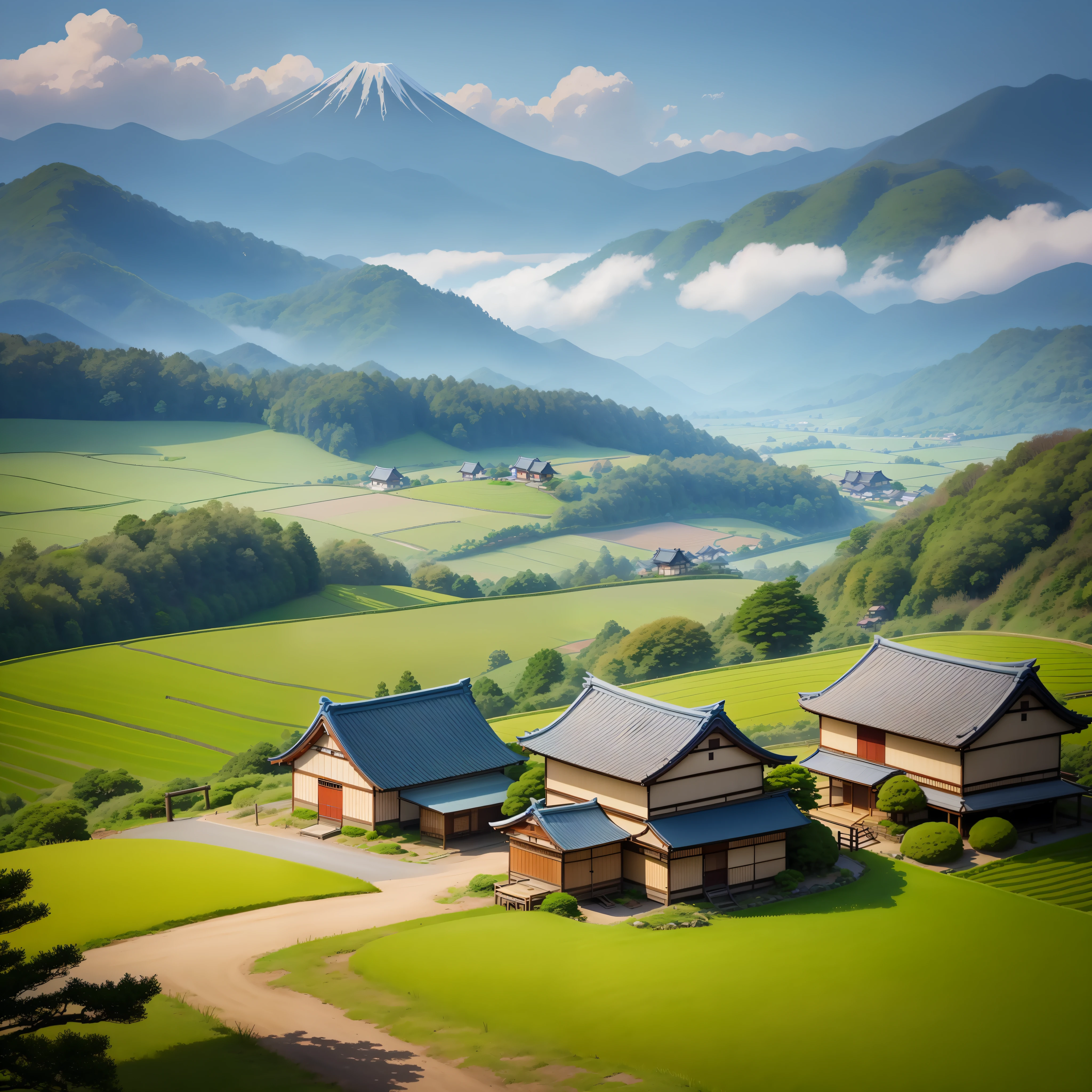 Araffed house in the countryside，The background is a mountain, countryside in japan, rural japan, korean countryside, Japanese countryside, japan rural travel, Japan rural town, Japanese village, traditional korean city, lush japanese landscape, ricefield, japan mountains, rice, Japan, japense village in background, Japanese Landscape, South Korea, old asian village
