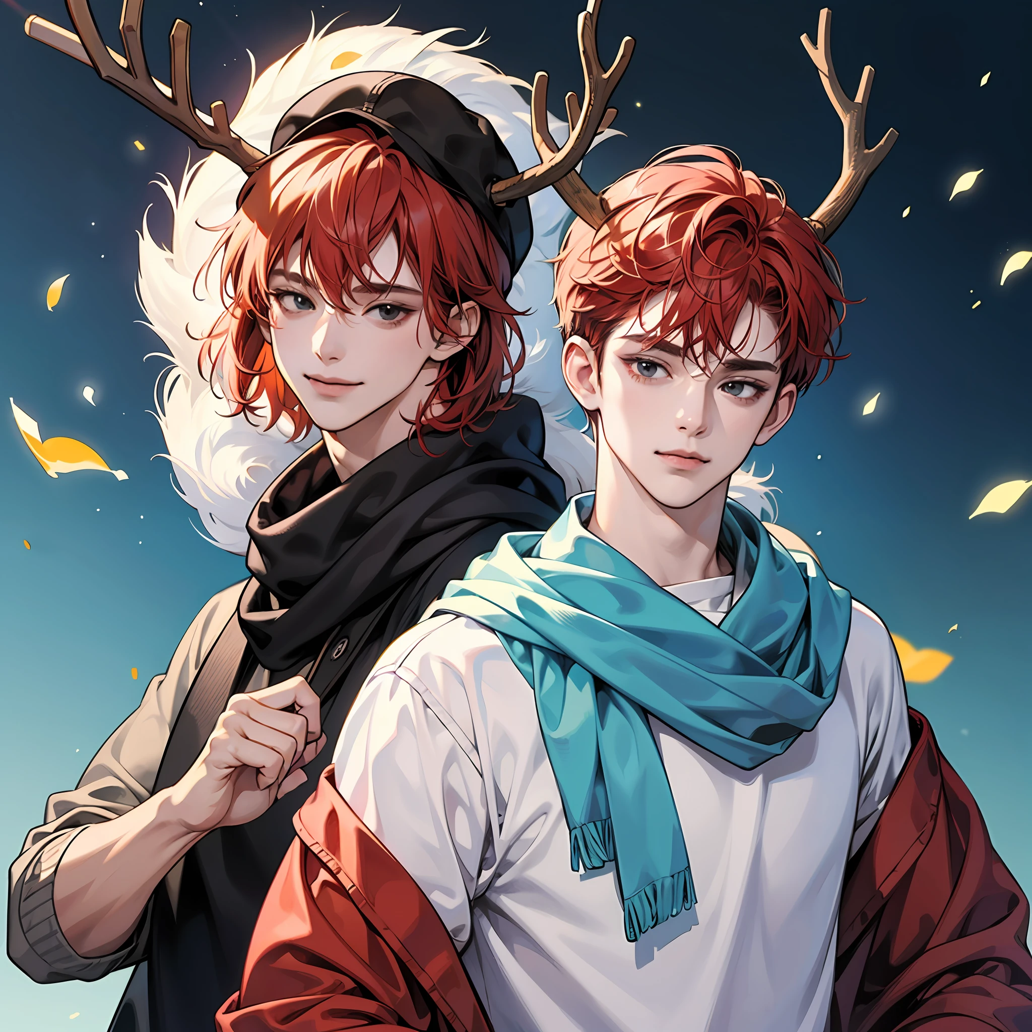 Smile Comic Boy,red hair,There are red antlers in the hair,orthofacial,Only the upper body is exposed,white backgrounid,Wear a light blue scarf,Wear a white sweatshirt,tmasterpiece,Face the camera black sweatshirt hat,Black eyes --auto