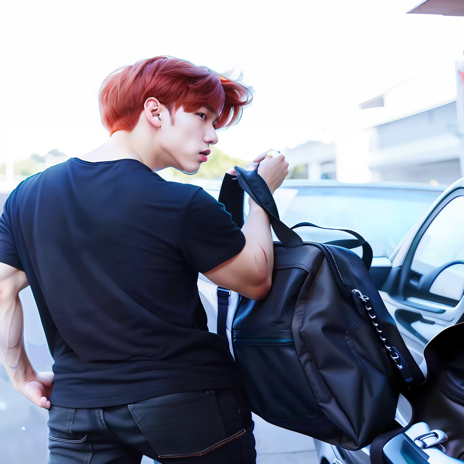 Araffe with red hair and a black shirt is carrying a black bag, Jungkook, he is carrying a black briefcase, his trunk is a long tentacle, his trunk is a huge tentacle, de costas viradas, Parque Jimin, Jimin, Jimin\Plump lips, Cai Xukun, Hyung Tae, he is wearing a black t-shirt