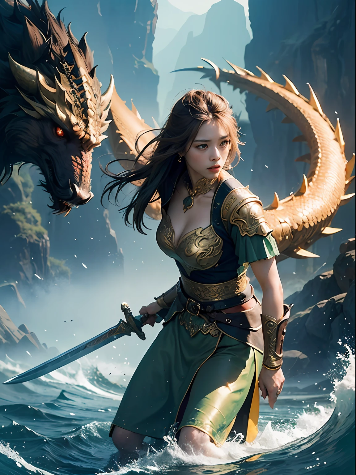 Oriental style beauty, sword in hand, sword dancing,green and gold clothing, a glowing golden dragon walking behind,realistic and ethereal style, Eastern Zhou Dynasty, the background of the picture is the strong air flow of the picture impact, 8k, fantasy, allegorical, animation style, epic ink mixing lens, shining blue magic light.Abstract image, intense
light, Rembrandt lighting, style in fluid color combination, surreal water, shine/gloss --ar 16:9