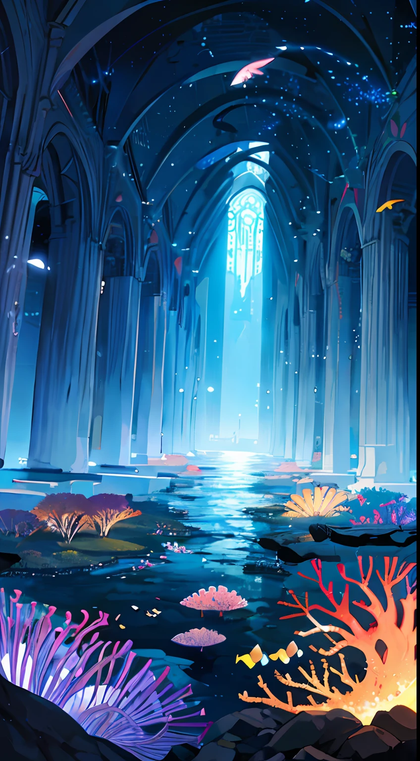 Masterpiece, High Quality, Ocean Forest, City, Fantastic Fantasy, Glowing Plants, Coral Viaduct, (Swarm of Glowing Jellyfish), (Shoal of Fish with Transparent Wings Flying in the Sky), Misty, Extreme Detail, Morning Light, Epic Composition, (Intricate Detail), (Intricate Design, Ultra Detail: 1.2), Art Station, (Masterpiece, Best Quality), Ultra HD, 32k ,castle,relic ,(Underworld),Underground --v 6