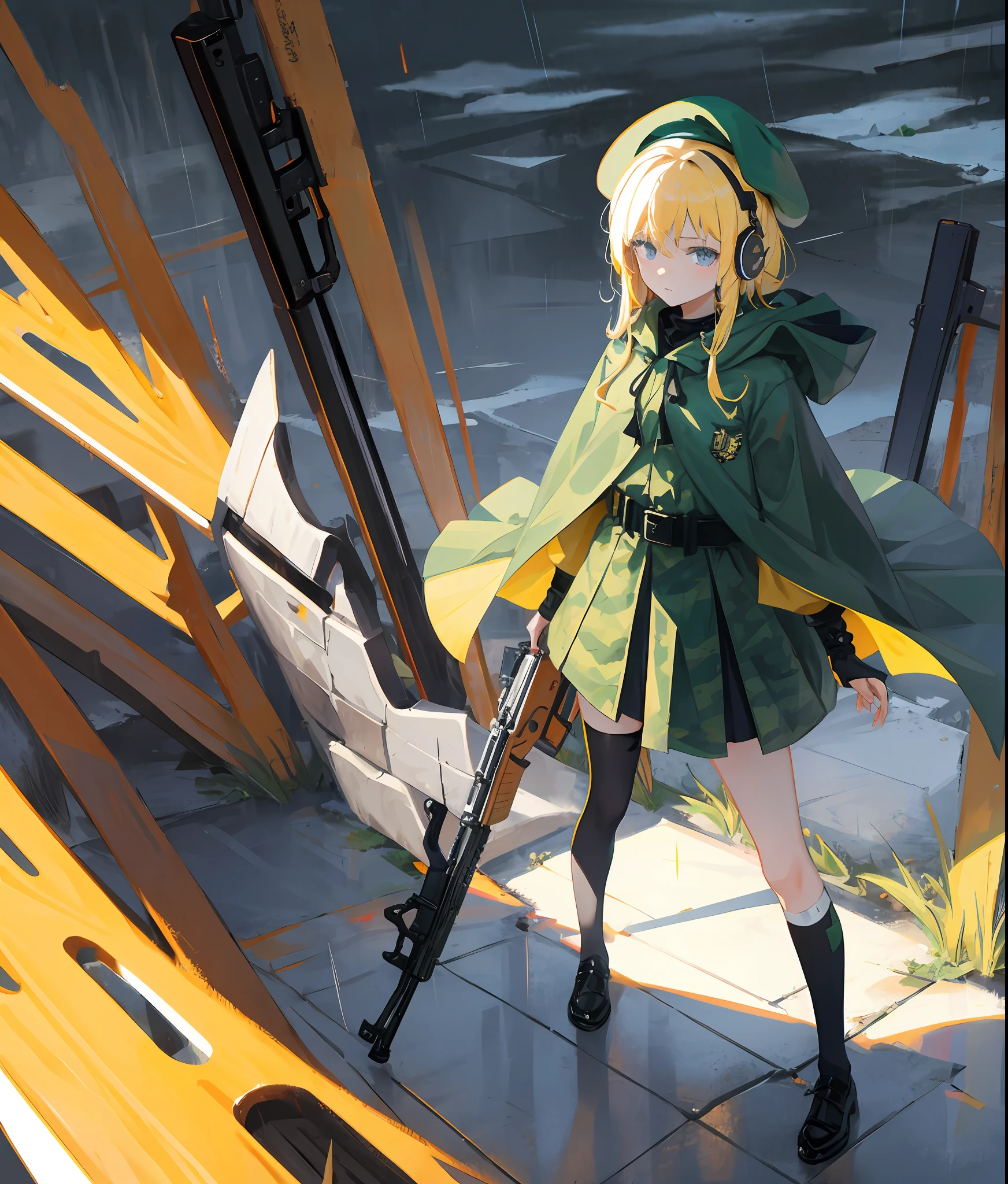 one-girl，独奏，Wearing a red beret，Wear modern green camouflage clothing，Worn-out dark green cloak，a matural female，Single-sided headphones，Standing in ruins,It rained heavily in the gloomy sky，Yellow hair，blue color eyes，Indifferent expression，Wear knee pads，With a Kalashnikov rifle，Humanity，Top-down view，Black stockings on one side，The belt accentuates the curved figure，The right gun，AK47，holding a gun