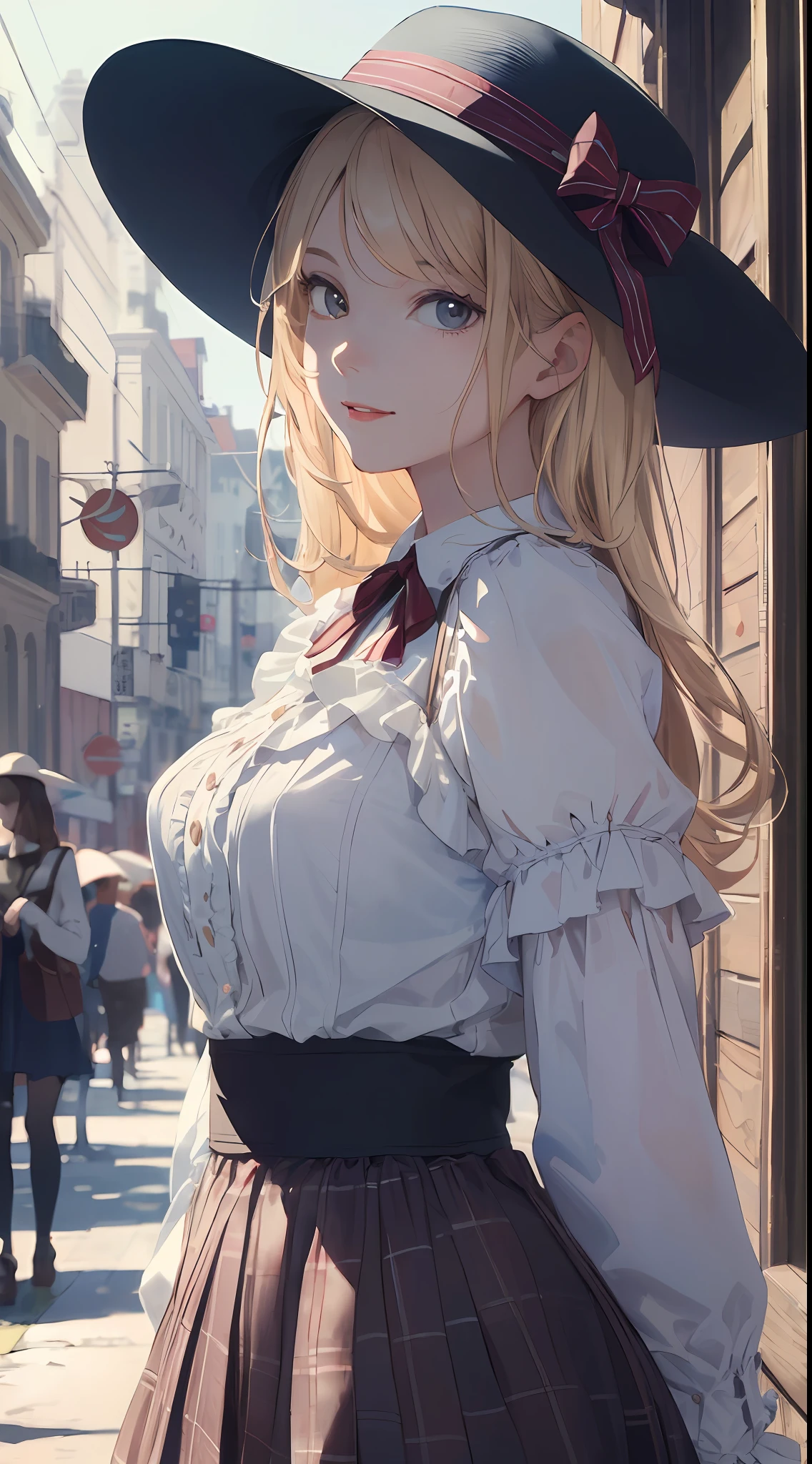 ((masterpiece best quality:1.4)), ((masutepiece, Best Quality)), (The 8k quality), (Detailed background:1.3), (Detailed face:1.3), (Cute teenage woman, Solo),Beautiful portrait、Delicate body、frilled blouse,Long Check Skirt,hat, Vintage, Long Blonde Hair,Cinematic Light,Little smile,tilt the neck、