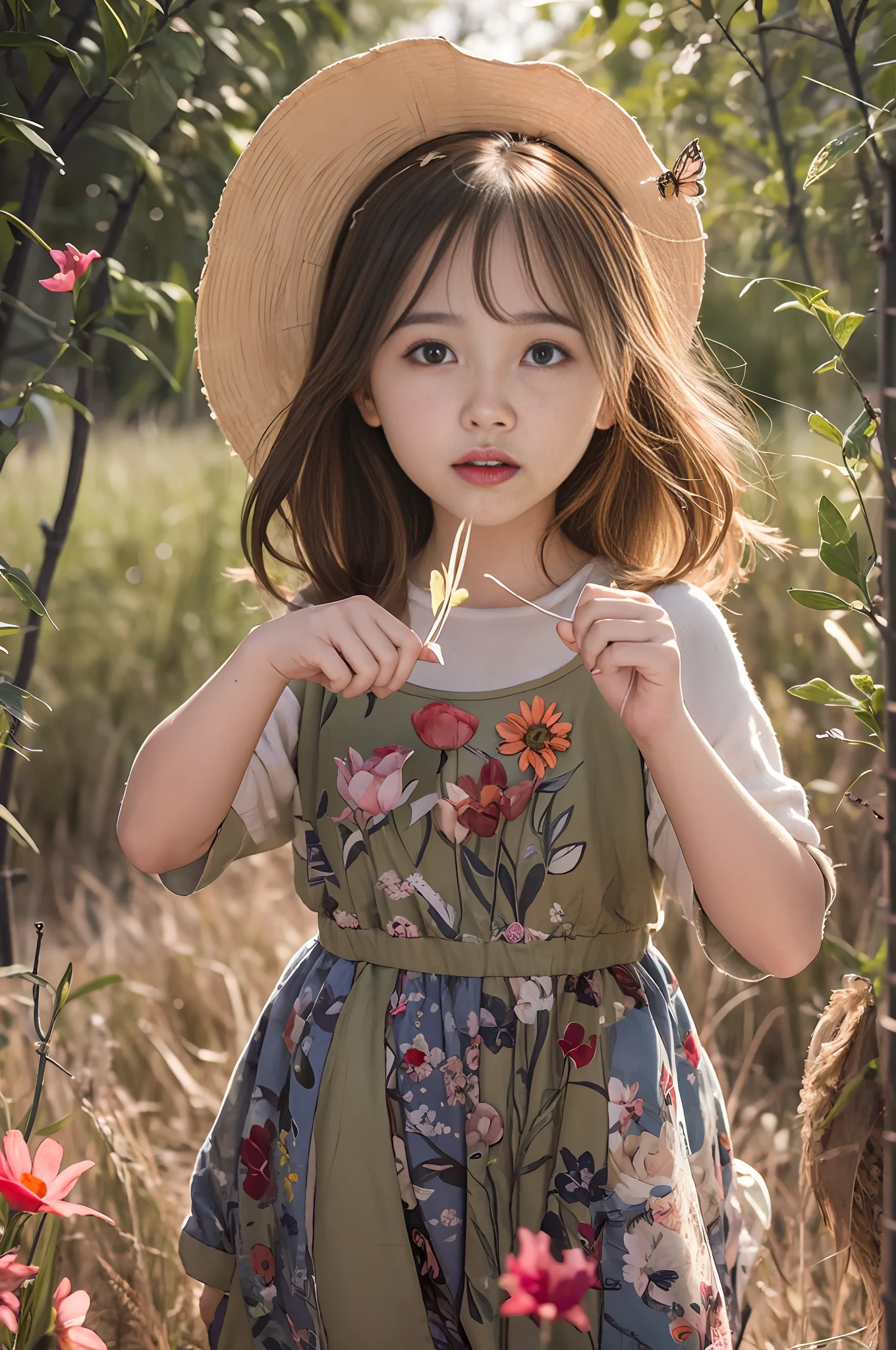 High Detail, Ultra Detail, 8K, Ultra High Resolution A cute and innocent girl, child, toddler, enjoying her time in the open field, surrounded by the beauty of nature, warm sun sprinkling on her, wildflowers gently swaying in the breeze. Butterflies and birds flutter around her, adding to the playful atmosphere,