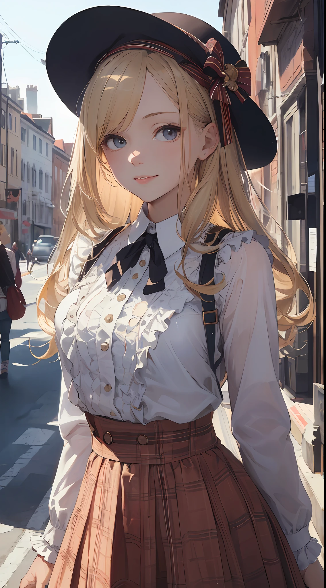 ((masterpiece best quality:1.4)), ((masutepiece, Best Quality)), (The 8k quality), (Detailed background:1.3), (Detailed face:1.3), (Cute age woman, Solo),Beautiful portrait、Delicate body、frilled blouse,Long Check Skirt,hat, Vintage, Long Blonde Hair,Cinematic Light,Little smile,tilt the neck、