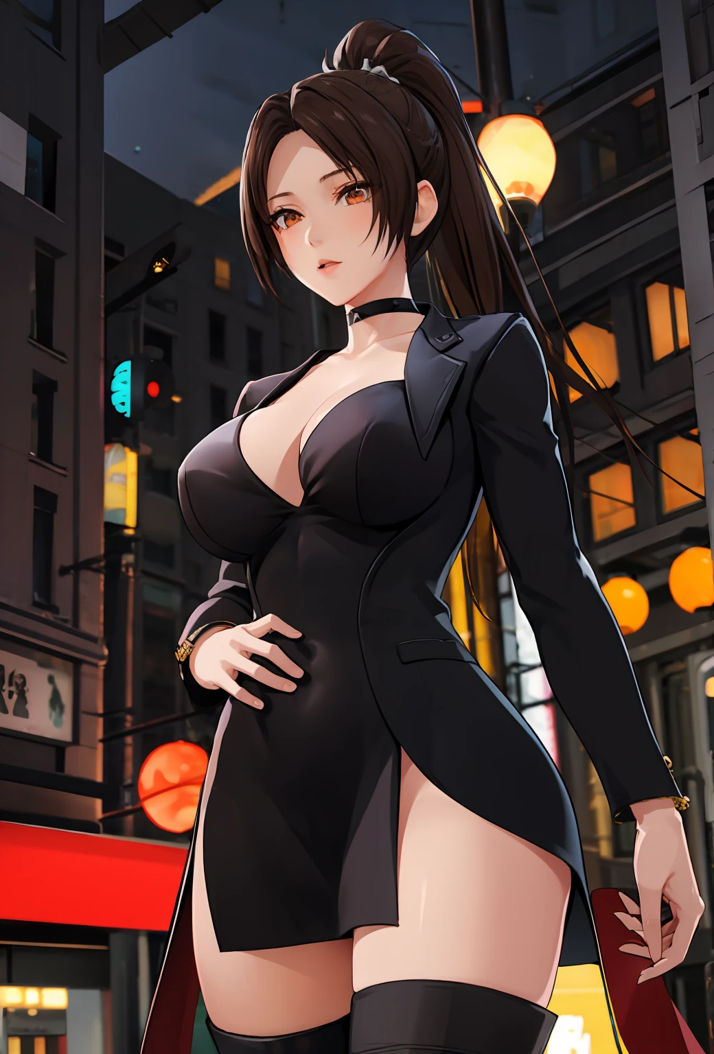 best quality, master piece
1 girl, upper_body, cowboy_shot
Velvet mini dress, Thigh-high boots, Statement choker, and cuff bracelets.
Bustling downtown district