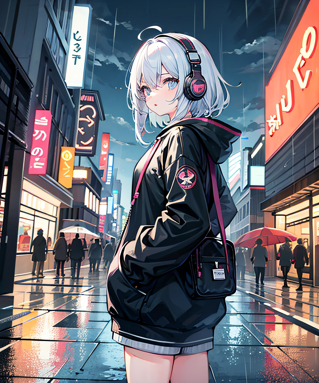 Masterpiece, 1girl, solo, incredibly ridiculous, hoodies, headphones, street, outdoors, rain, neon,