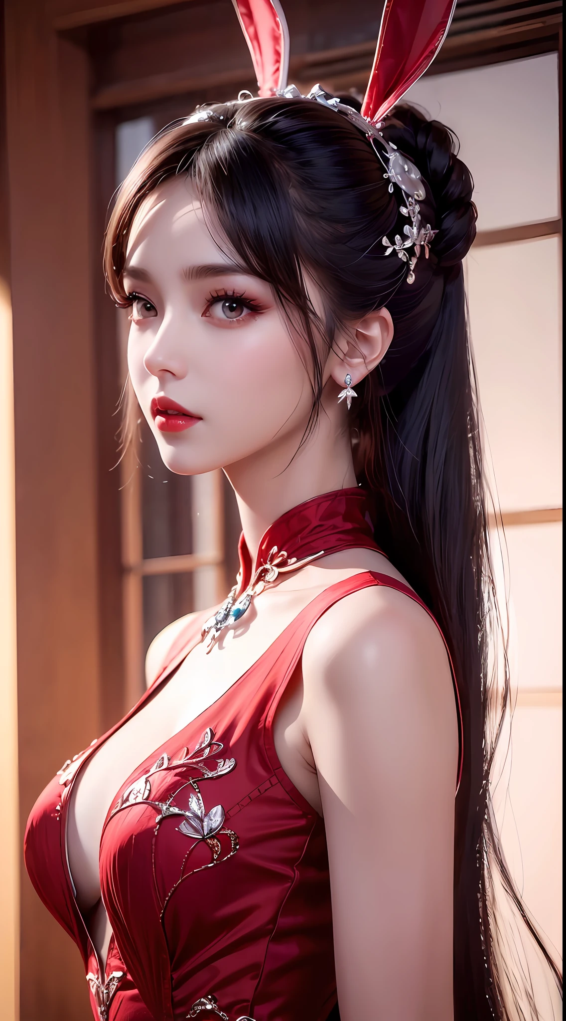 1 beautiful girl in beautiful hanfu costume, thin red silk shirt with many yellow motifs, black lace top, light pink rabbit ears, long hair dyed pale purple platinum, beautiful hair jewelry, pretty face cute pretty face, perfect face, earring jewelry, antique jewelry, big red eyes, sharp eye makeup, meticulous eyelash makeup, thin eyebrows, high nose, pretty red lips, no smile, pursed lips, rosy cheeks, big bust, big bust, well-proportioned bust, slim waist, red mesh stockings with black border , Chinese hanfu style, fictional art pattern, vivid and true color, RAW photo, real photo realistic, ultra-high quality 8k surreal photo, cool photo, (virtual lighting effect: 1.8), 10x pixels, magic effect (background): 1.8), (ultra-detailed eye: 1.8), (eyelids): eyes): red: 1.8), (black eye pupil: 1.8)beautiful girl portrait, alone girl, ancient hanfu background, looking directly at the audience, wide original image, 8k quality, super sharp , the most detailed and clear images, detailed bright background,