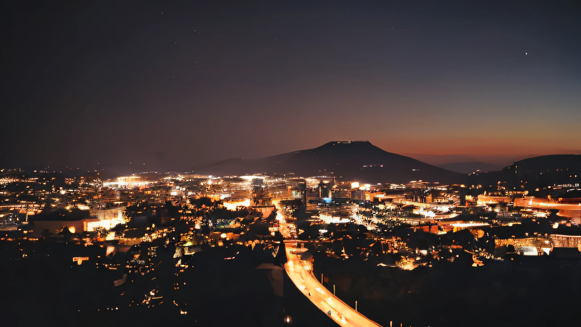 view of a futuristic city at night with a mountain in the background, futuristic city twilight landscape, scenic view at night, vista of a futuristic city at sunset, city sunset night, twilight ; wide shot, photography shot at blue hour, night view, twilight city on the background, night scenery, ethereal starlit city at sunset, night city in the background