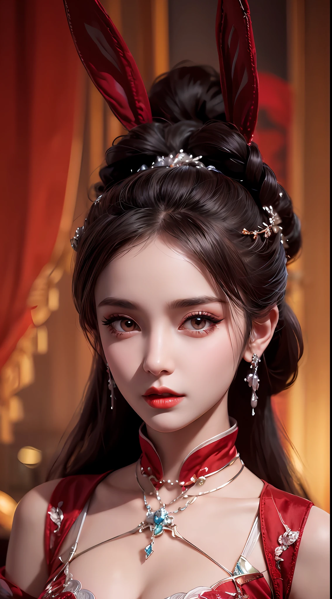 1 beautiful girl in beautiful hanfu costume, thin red silk shirt with many yellow motifs, black lace top, light pink rabbit ears, long hair dyed pale purple platinum, beautiful hair jewelry, pretty face cute pretty face, perfect face, earring jewelry, antique jewelry, big red eyes, sharp eye makeup, meticulous eyelash makeup, thin eyebrows, high nose, pretty red lips, no smile, pursed lips, rosy cheeks, big bust, big bust, well-proportioned bust, slim waist, red mesh stockings with black border , Chinese hanfu style, fictional art pattern, vivid and true color, RAW photo, real photo realistic, ultra-high quality 8k surreal photo, cool photo, (virtual lighting effect: 1.8), 10x pixels, magic effect (background): 1.8), (ultra-detailed eye: 1.8), (eyelids): eyes): red: 1.8), (black eye pupil: 1.8)beautiful girl portrait, alone girl, ancient hanfu background, looking directly at the audience, wide original image, 8k quality, super sharp , the most detailed and clear images, detailed bright background,