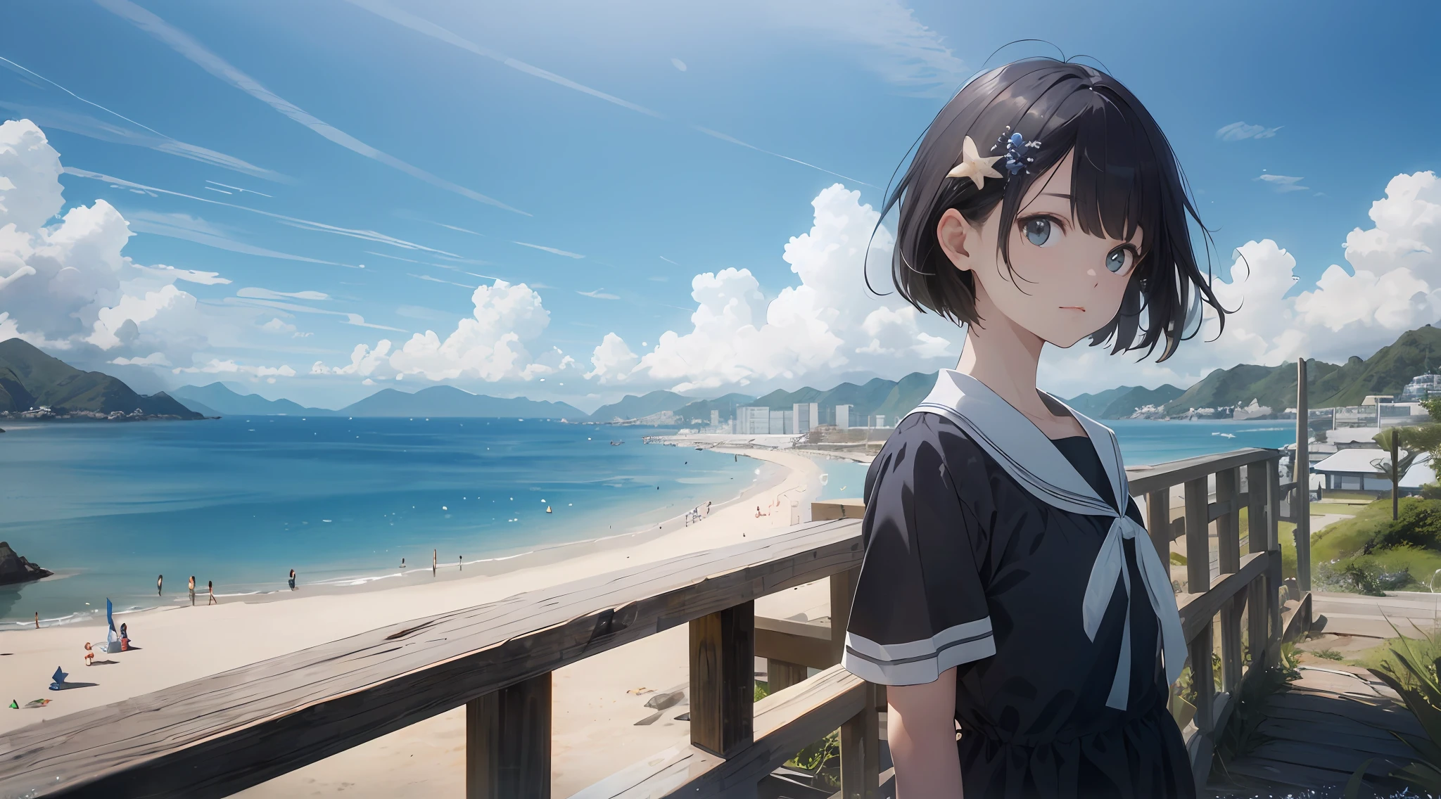 (top-quality:1.5)、(ultra-detailliert:1.5)、(Highest Quality Photos:1.5)、Realistic high-definition photos、Beautiful Girl High School Girl、a very cute、Crystal clear white skin、Black Dress、Colorful bouquets、Beautiful sea、The ocean as far as the eye can see、Summer sky、Into the cloud、Beach、1 persons、Staring at the horizon、Sad look、Islands in the Seto Inland Sea、Nostalgia hobby、nostalgia、