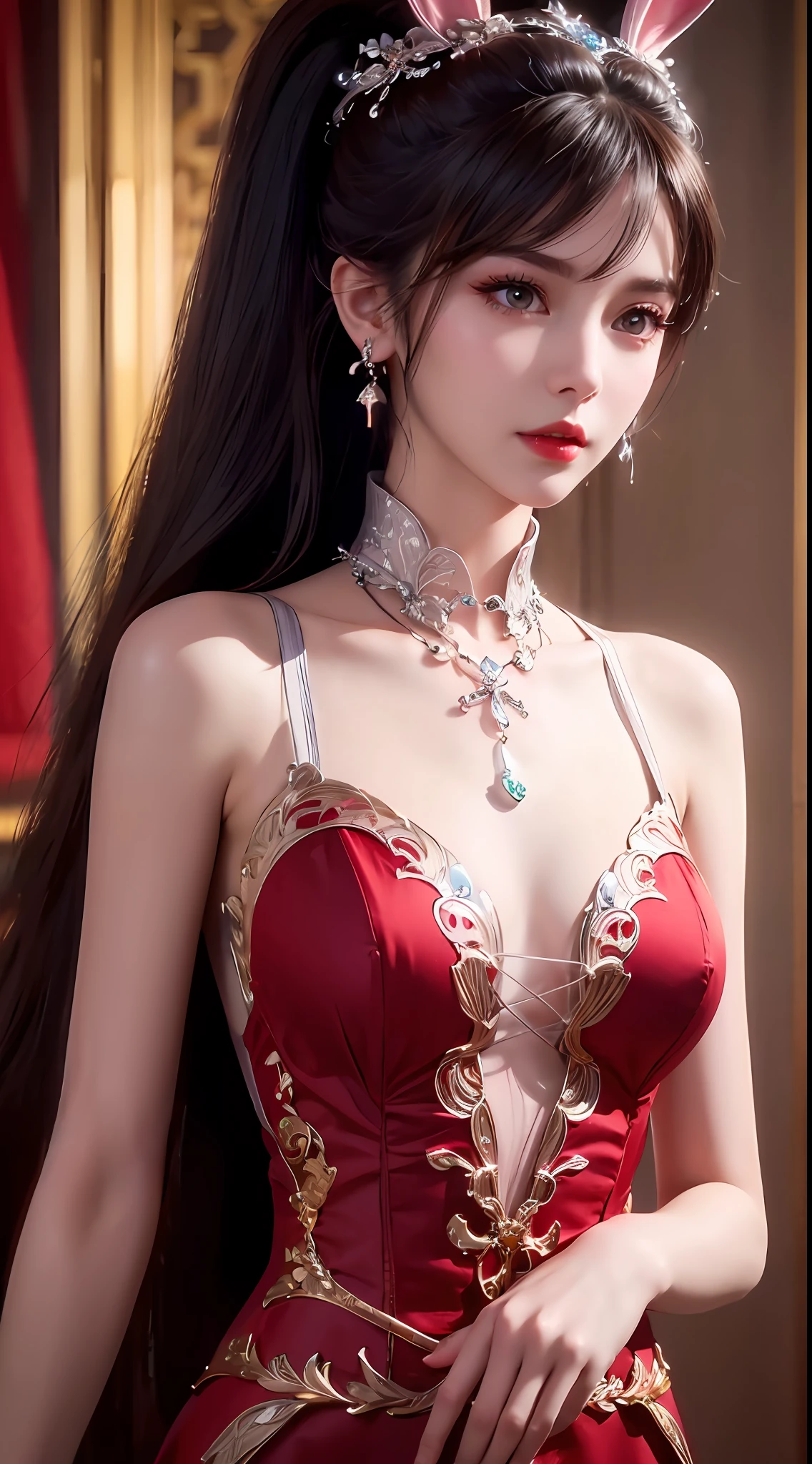 1 beautiful girl in beautiful hanfu costume, thin red silk shirt with many yellow motifs, black lace top, light pink rabbit ears, long hair dyed pale purple platinum, beautiful hair jewelry, pretty face cute pretty face, perfect face, earring jewelry, antique jewelry, big red eyes, sharp eye makeup, meticulous eyelash makeup, thin eyebrows, high nose, pretty red lips, no smile, pursed lips, rosy cheeks, big bust, big bust, well-proportioned bust, slim waist, red mesh stockings with black border , Chinese hanfu style, fictional art pattern, vivid and true color, RAW photo, real photo realistic, ultra-high quality 8k surreal photo, cool photo, (virtual lighting effect: 1.8), 10x pixels, magic effect (background): 1.8), (ultra-detailed eye: 1.8), (eyelids): eyes): red: 1.8), (black eye pupil: 1.8)beautiful girl portrait, alone girl, ancient hanfu background, looking directly at the audience, wide original image, 8k quality, super sharp , the most detailed and clear images, detailed bright background,