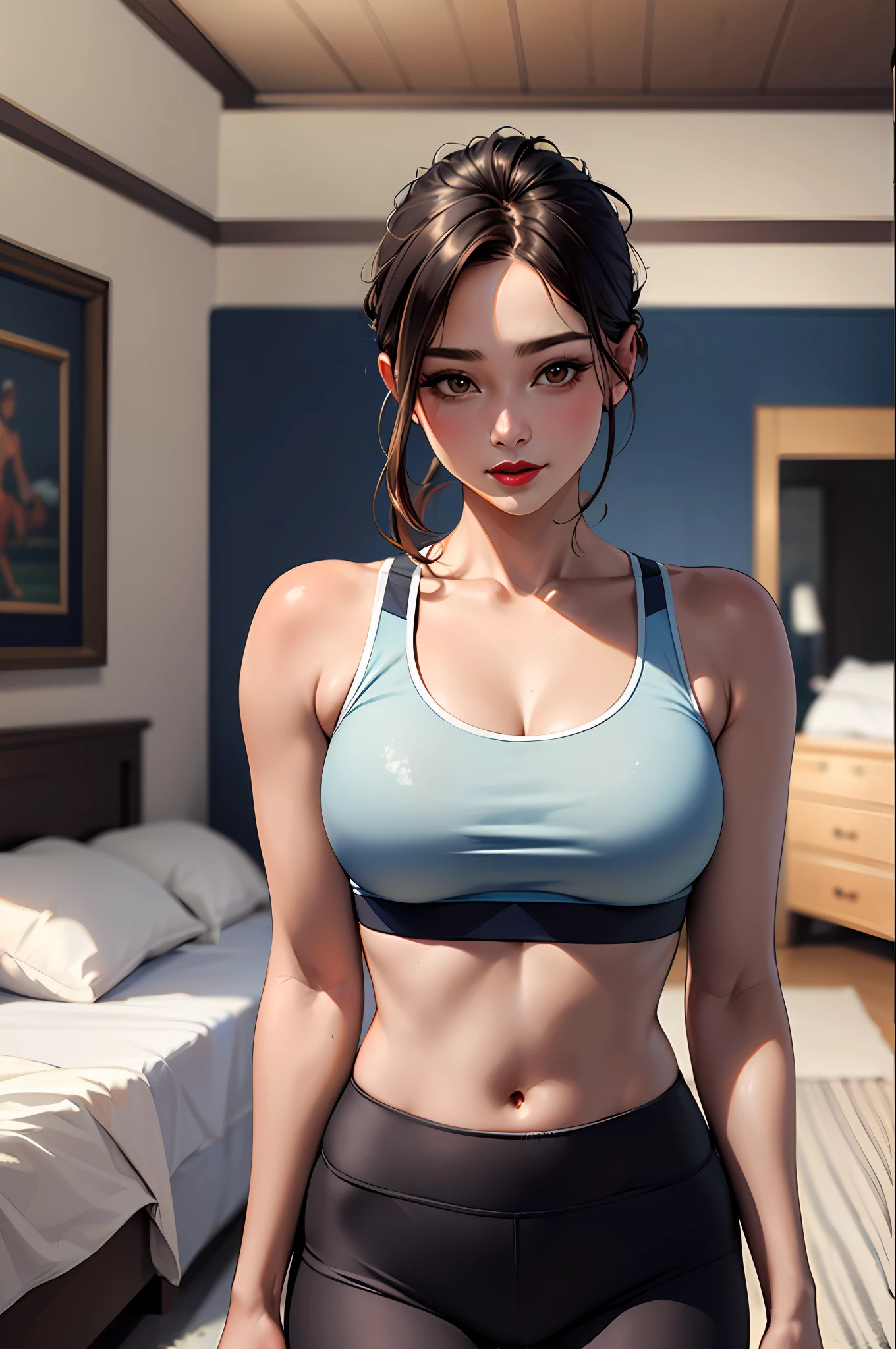 (​masterpiece:1.4)、(top-quality:1.4)、
1girl in, Sexy sports bra and sports leggings、large full breasts, length hair, looking at the viewers, Bedroom, 独奏 ,realisitic,(shinny skin),(​masterpiece:1.4),(top-quality:1.4),red-lips