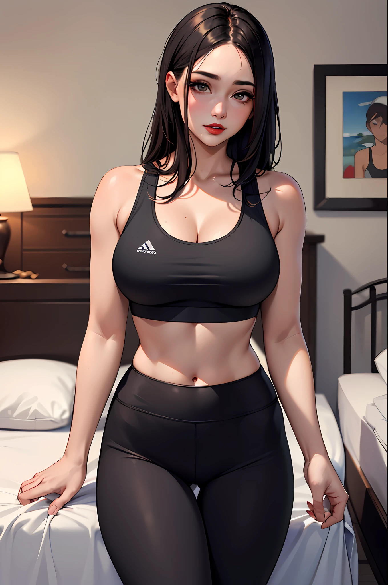 (masterpiece:1.4)、(top-quality:1.4)、
1girl in, Sexy sports bra and sports leggings、large full breasts, length hair, looking at the viewers, Bedroom, 独奏 ,realisitic,(shinny skin),(masterpiece:1.4),(top-quality:1.4),red-lips