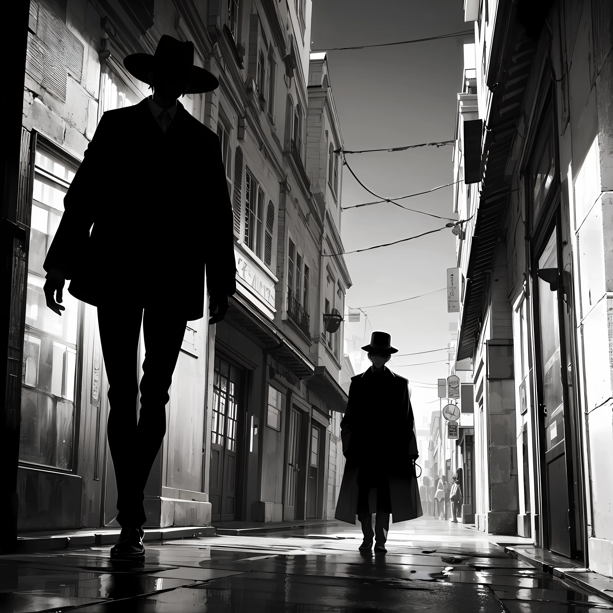 On a night shrouded in mystery, The streets of the city turn into a dark and intriguing scenery. The darkness is only broken by the dim luminosity of the lamps and the lonely silhouette of the Man in the Black Hat. Seu longo casaco preto flutua ao vento enquanto ele caminha pelas ruas, An enigmatic figure that arouses curiosity and fear. Arte realista intrincada, horror, Cinematic lighting --auto