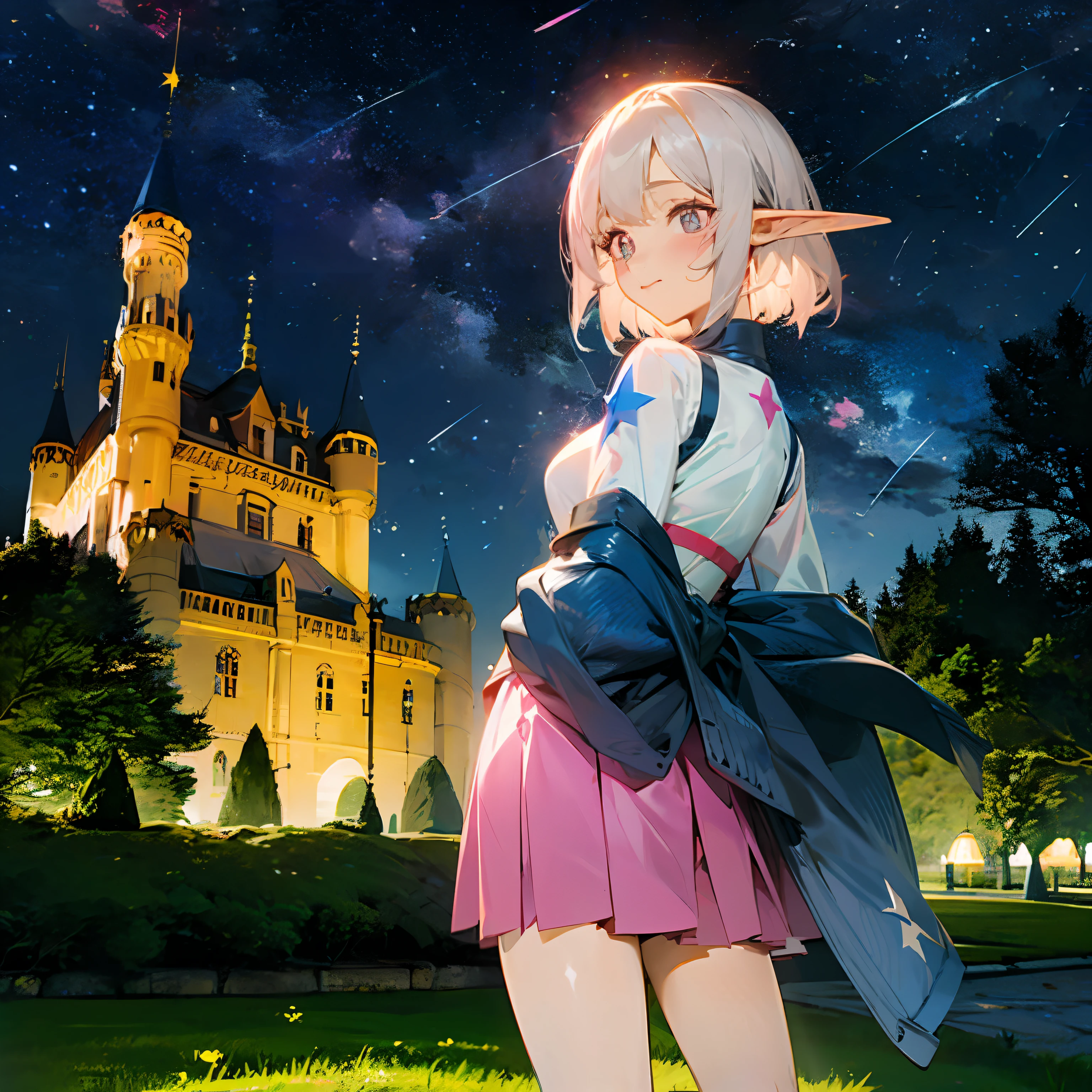 One person is 165 cm tall,Pink with gray hair,Blue star-like pupils,Purple with pink skirt,Elf beautiful girl ,Stand in front of the castle under the stars