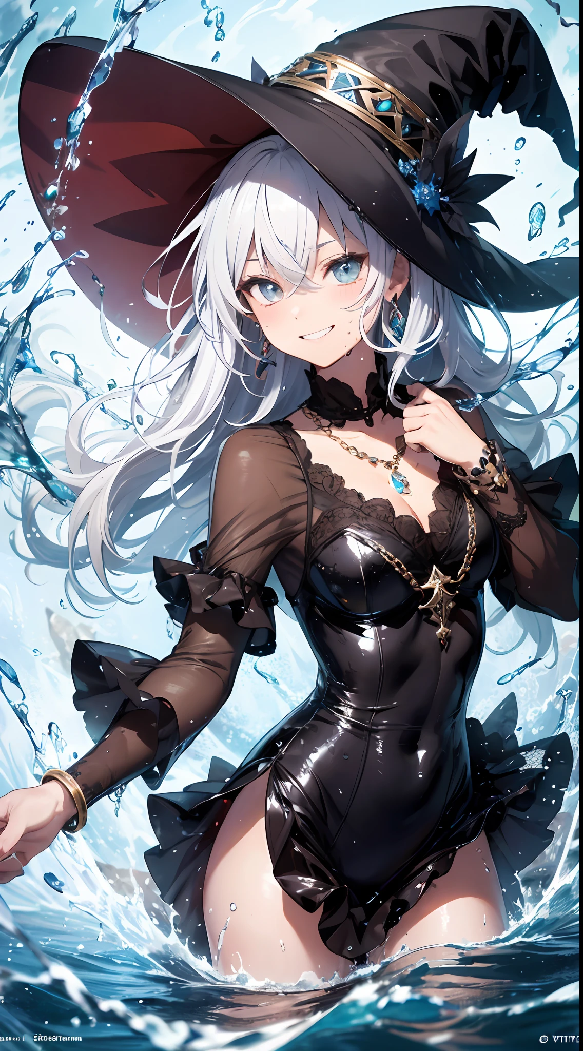 absurderes, hight resolution, 1girl in, Solo, (Lori:1.2), Cowboy Shot, (Tsunami:1.4), Wet clothes, White hair, frilld, large earring, Gorgeous Necklaces, Gorgeous bracelets, Witch, Witch Hat, witch clothing, Magic Water, see through, (floating water drop), (Water splash), Attack Pose, (Magic Circle:1.3), (Water Effects:1.2), Dynamic Pose, Dynamic Angle, from the front side, open hand, grin,