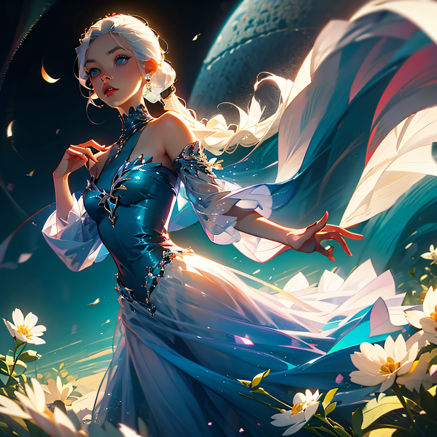Anime White Moonlight Gauze Dress Good Looking Blue Eyes White Hair Double Ponytail Beautiful --auto