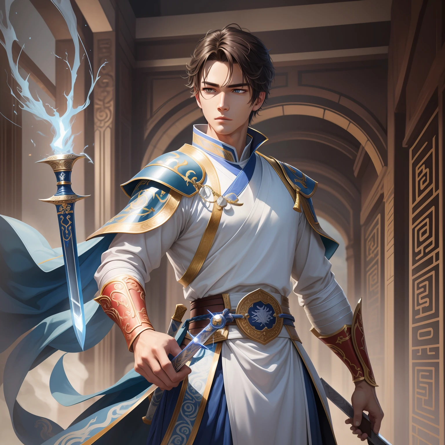 Male White clothes Short hair Paladin Golden eyes Lightning Handsome Delicate facial features Wearing a holy sword --auto