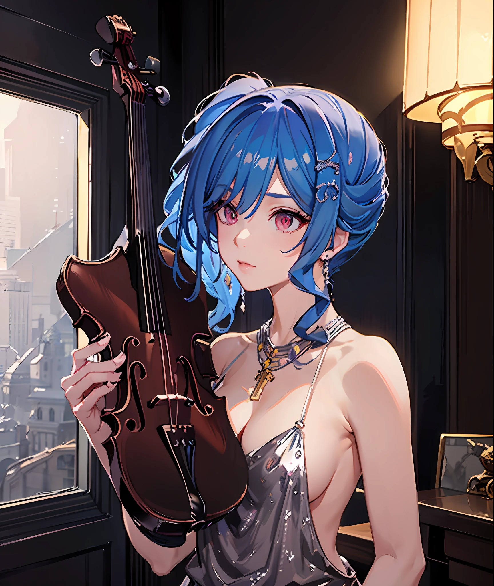 Close-up of a man holding a violin and bow, (fantasy violin), Ayaka Genshin impact, Detailed key anime art, Official artwork, tsuaii, A scene from the《azur lane》videogame, high detailed official artwork, Rem Rezero, fantasy violin, offcial art, nightcore, Splash art anime Loli, White-haired god