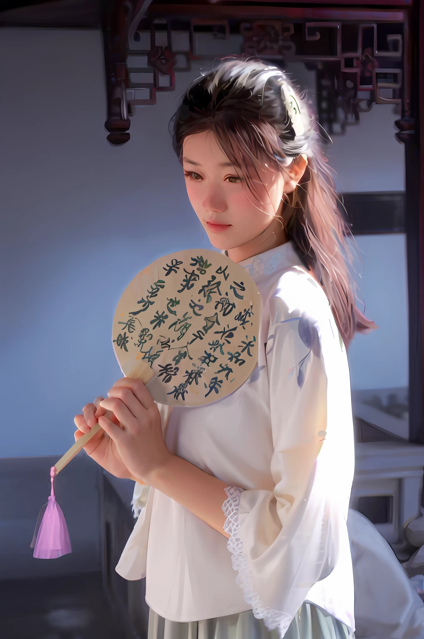 Arafeld Asian woman holding a fan,It reads, Palace , A girl in Hanfu, Inspired by Tang Yifen, White Hanfu, inspired by Emperor Huizong of Song, Hanfu, Inspired by Qiu Ying, with acient chinese clothes, xintong chen, style of guo hua, Wearing ancient Chinese clothes