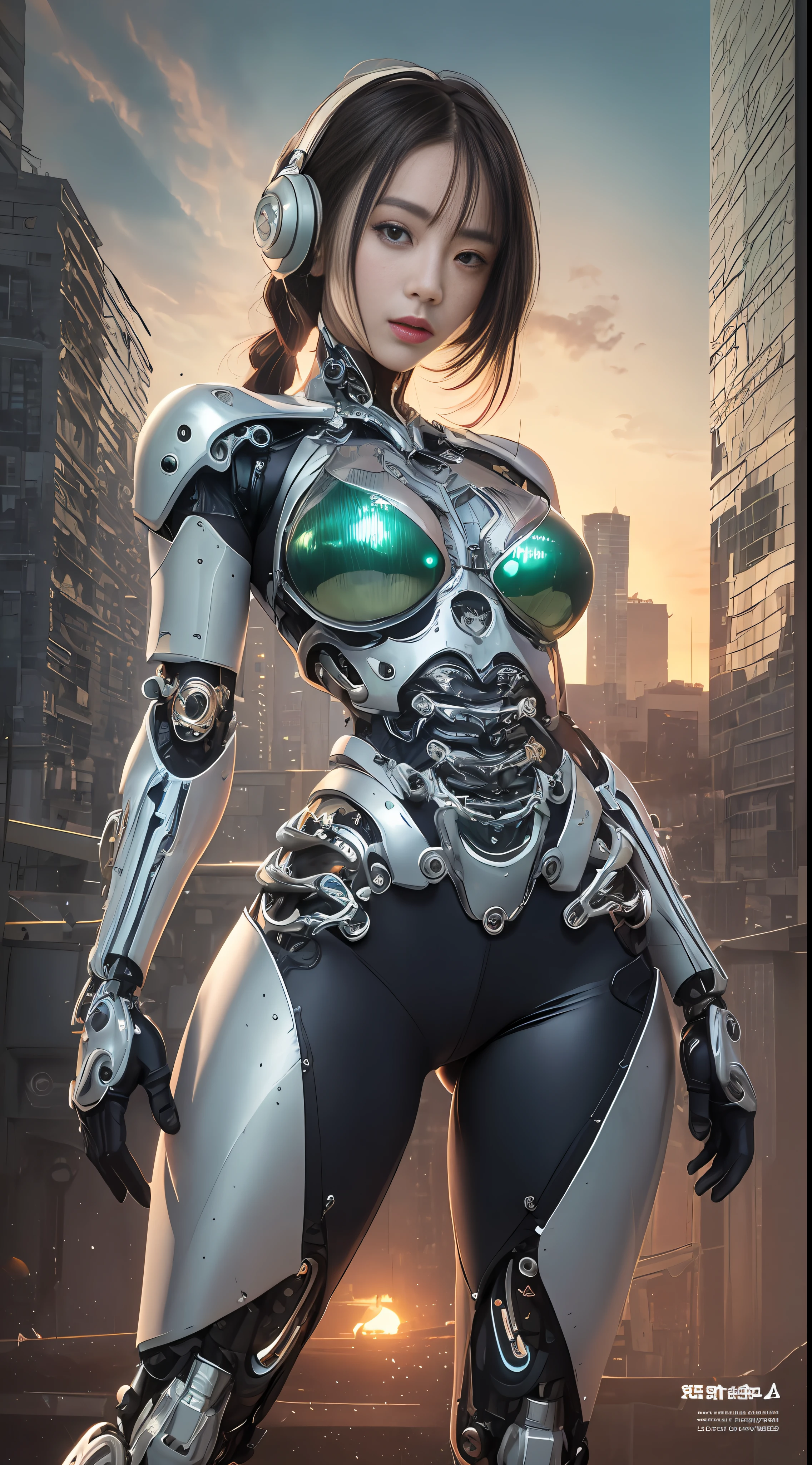 Cute young biomechanical cyberpunk cyborg woman realistic movie shallow focus scene, her full body standing with a fluid movement in a simple barren place with stunning cloudscape and a sunset.Gothloli details、
Futuristic headset、
(wearing futuristic clothing (tangerine:0.3) cropped jacket and low cut jeans on top:1) of her (intricately detailed anatomical sculpted biomechanical graphite cyborg arms, intricately detailed anatomical sculpted biomechanical graphite cyborg torso, intricately detailed anatomical sculpted biomechanical graphite cyborg legs), (Intricately detailed anatomically sculpted biomechanical graphite cyborg grady).Futuristic headset、
(Anatomically sculpted biomechanical graphite cyborg、Embroidered with elegant and ornate details (Crystal Gemstones:1.5), cables, The wire and green microchip are、Skillfully made into her female cyborg body)
Slender hot fit body with a gorgeous young round face, expressive big round eyes,
Captured with bright natural light and beautiful vibrant colors. 8k resolution image with a masterful cyberpunk style.
The scene has a strong heroic unconquerable mood, a masterful complete scene of the female full body standing with a happy expression.