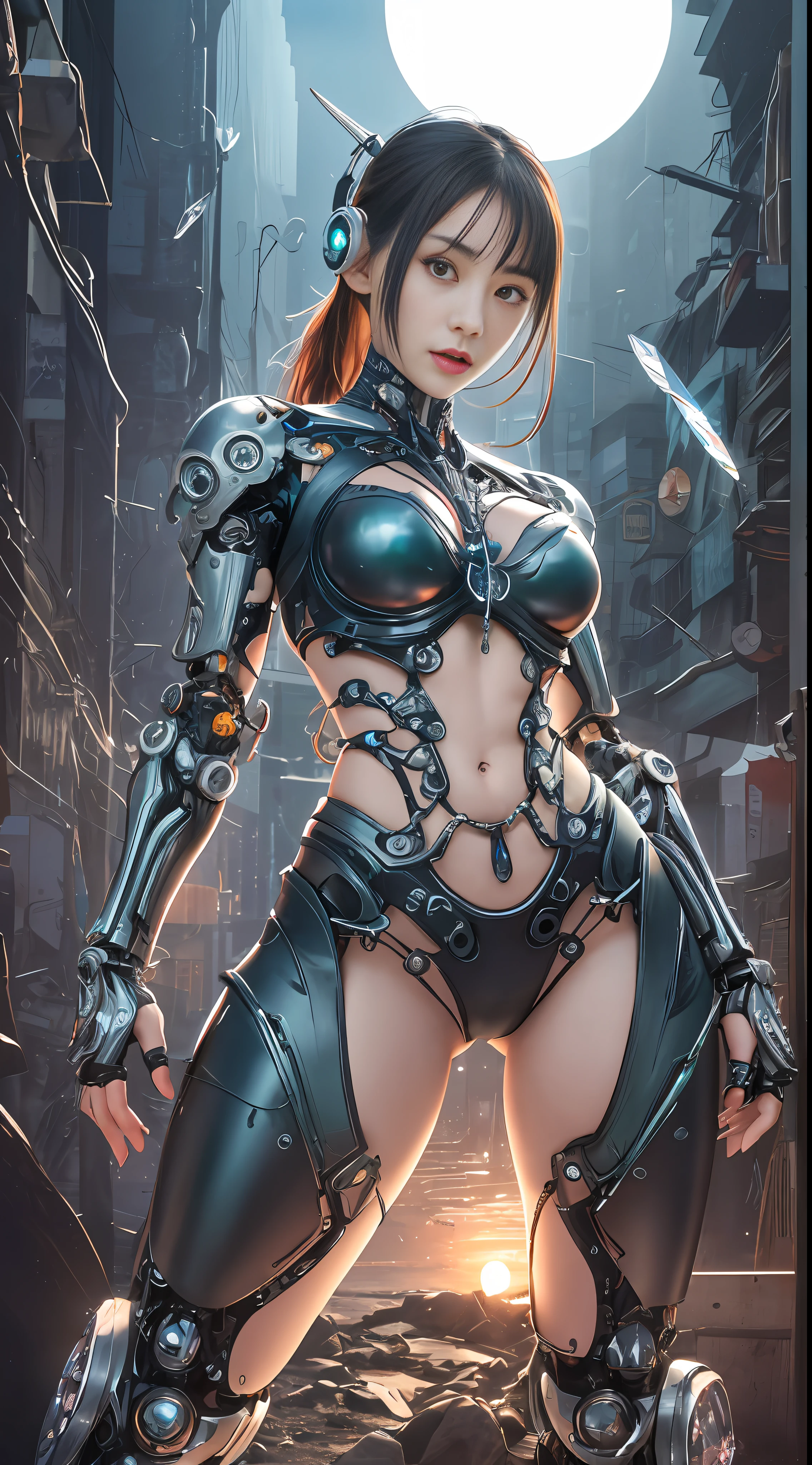 Cute young biomechanical cyberpunk cyborg woman realistic movie shallow focus scene, her full body standing with a fluid movement in a simple barren place with stunning cloudscape and a sunset.Gothloli details、
Futuristic headset、
(wearing futuristic clothing (tangerine:0.3) cropped jacket and low cut jeans on top:1) of her (intricately detailed anatomical sculpted biomechanical graphite cyborg arms, intricately detailed anatomical sculpted biomechanical graphite cyborg torso, intricately detailed anatomical sculpted biomechanical graphite cyborg legs), (Intricately detailed anatomically sculpted biomechanical graphite cyborg grady).Futuristic headset、
(Anatomically sculpted biomechanical graphite cyborg、Embroidered with elegant and ornate details (Crystal Gemstones:1.5), cables, The wire and green microchip are、Skillfully made into her female cyborg body)
Slender hot fit body with a gorgeous young round face, expressive big round eyes,
Captured with bright natural light and beautiful vibrant colors. 8k resolution image with a masterful cyberpunk style.
The scene has a strong heroic unconquerable mood, a masterful complete scene of the female full body standing with a happy expression.