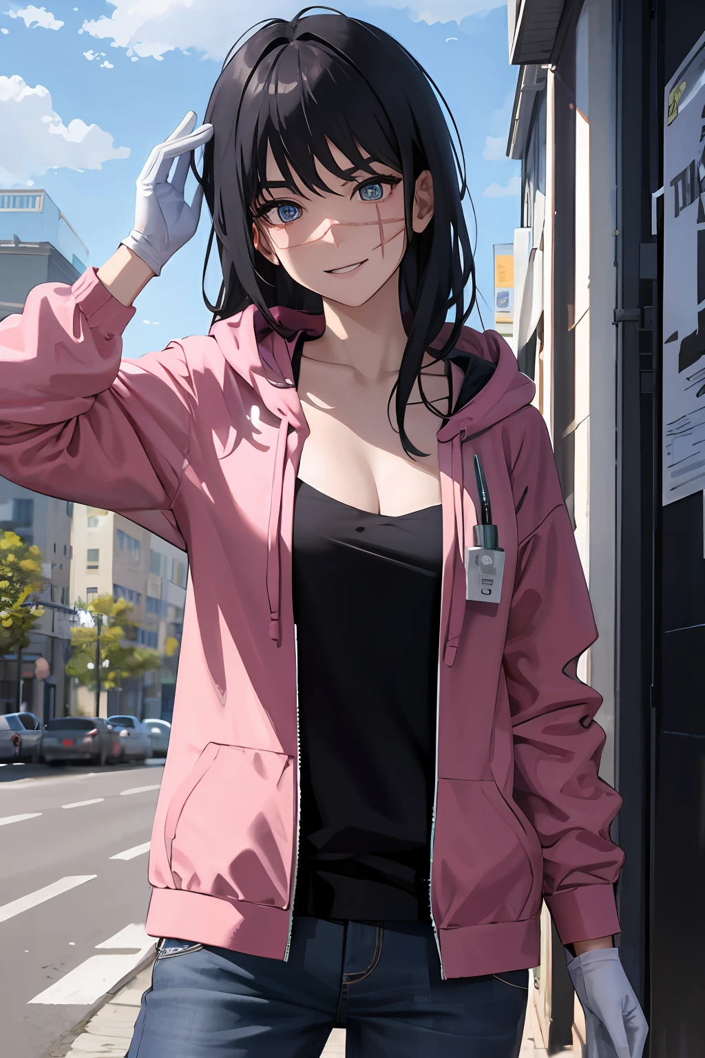 master work, best qulity, detailded, seulement, ultra highres, 1fille, paysage urbain, profondeur de champ, bas, seductive pose, rideaux de poitrine, Gants, Souriant, attentive, compatissant, interagir, amical, chaleureux, Cheveux courts, seins moyens, beaux yeux bruns, décolleté, transpiration, rougissement, respiration lourde, Urban clothing, hoodie, masque chirurgical, Medical gloves
