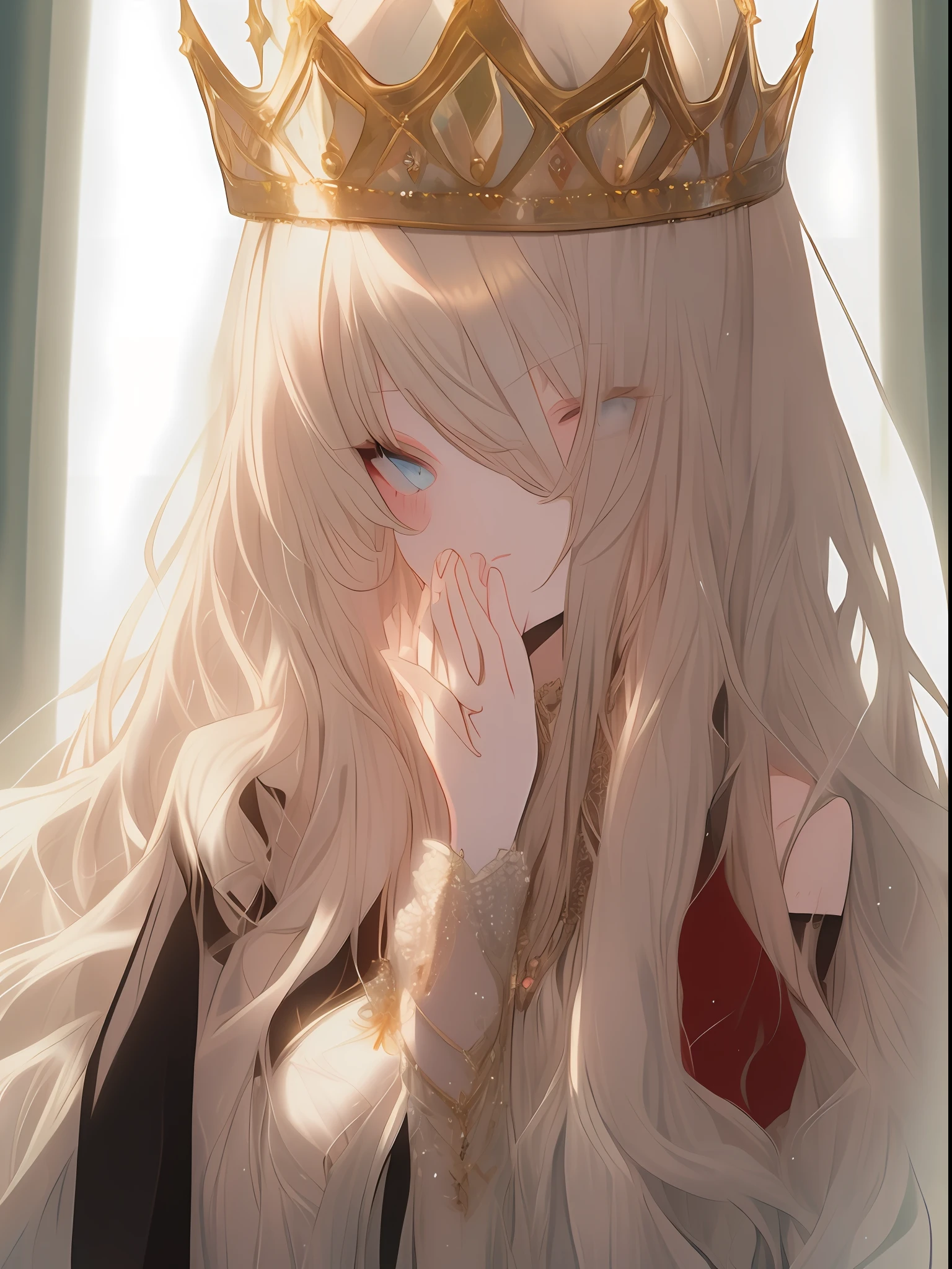 Beautiful and elegant portrait, 1girl, 独奏, jewely, long whitr hair, tiara crown, 耳Nipple Ring, looking at viewert, White blonde hair, The upper part of the body, blond eyes, Keep one's mouth shut, veils, Own hands together, Pedras preciosas, By bangs, longer sleeves, simple backgound, shift dresses, finger nails, Separate bangs,The halo,angelicales,devout