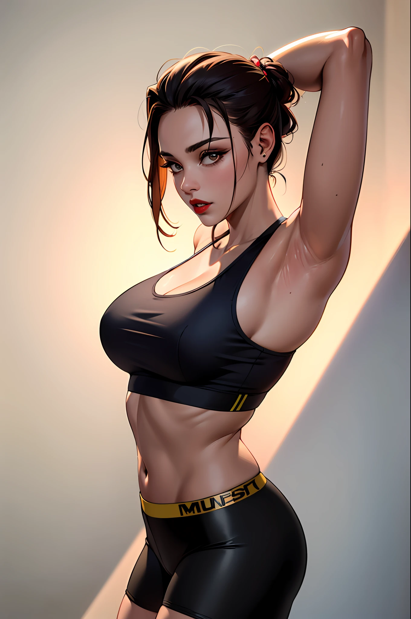 (masterpiece:1.4)、(top-quality:1.4)、
1girl in, Yellow sports bra and black compression shorts,A dark-haired, (Brown-skinned), A bracelet, jewely, large full breasts, length hair, looking at the viewers, Hands folded behind the head, 独奏 ,realisitic,(shinny skin),(masterpiece:1.4),(top-quality:1.4),red-lips