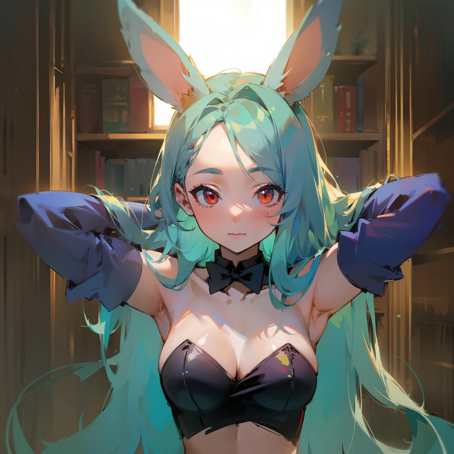 Girl with Kashmiri rabbit ears, (((Kashmir rabbit ears))),Aqua-colored hair, absurdly long hair, cat pose, Breasts of the third size, red eyes, rabbit tail, niqab