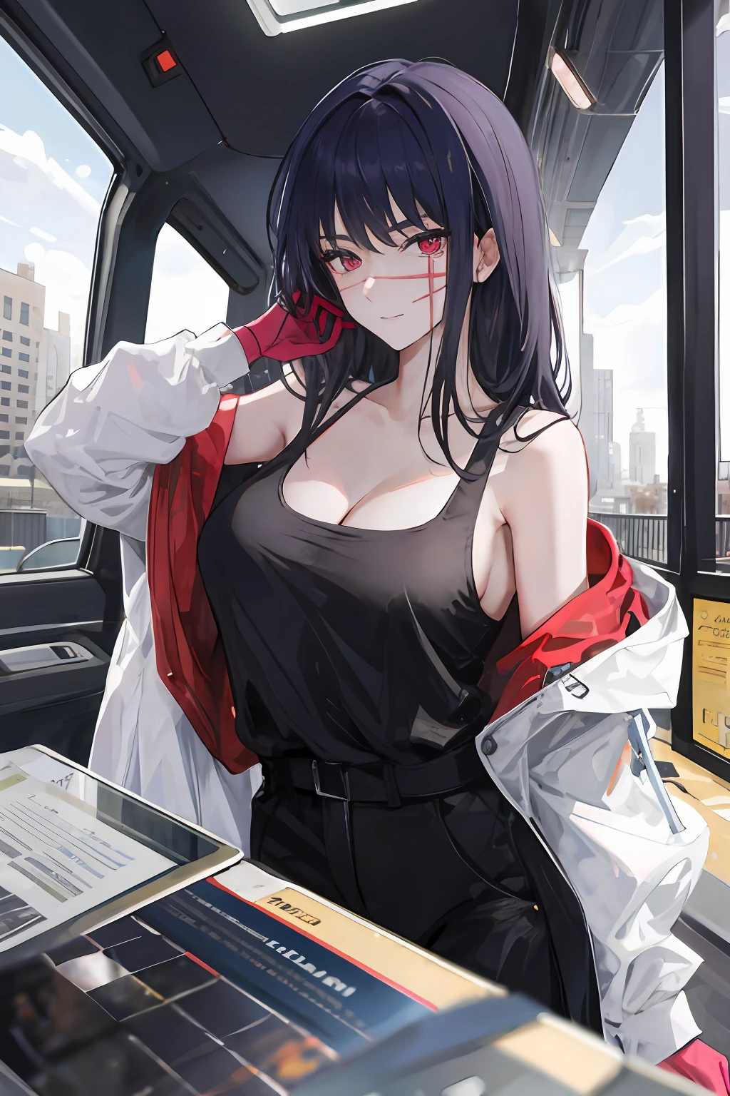 master work, best qulity, detailded, seulement, ultra highres, 1fille, paysage urbain, profondeur de champ, bas, seductive pose, rideaux de poitrine, Gants, Souriant, attentive, compatissant, interagir, amical, chaleureux, Cheveux courts, seins moyens, beaux yeux bruns, décolleté, transpiration, rougissement, respiration lourde, Urban clothing, hoodie, masque chirurgical, Medical gloves