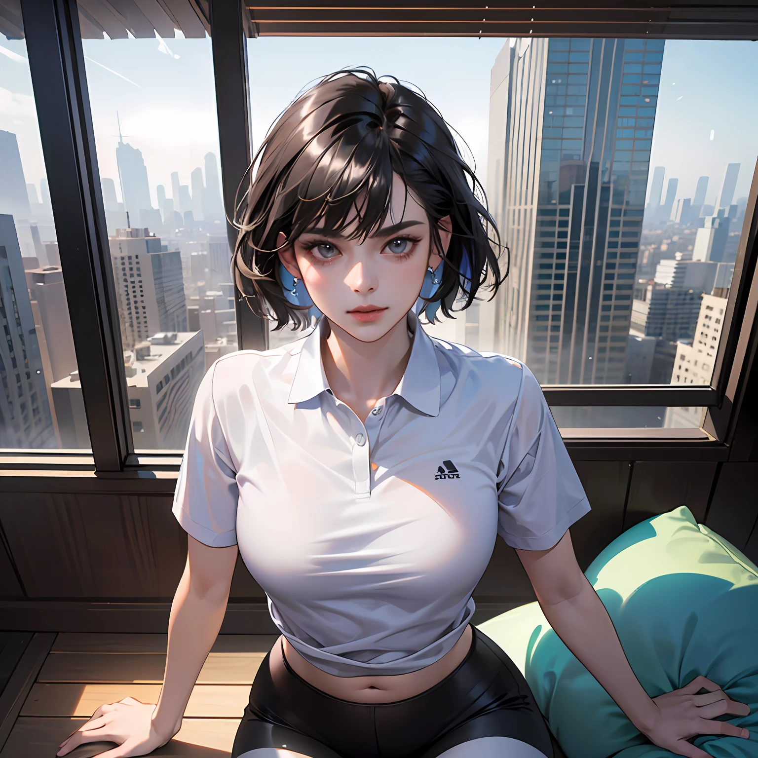 (Masterpiece:1.3), (8K, Photorealistic, RAW photo, Best quality: 1.4), (1girll), Beautiful face, (Realistic face), (Black hair, Short hair:1.3), Nice hairstyle,photorealistic eye,Nice detail eyes,absurd res,enticing,超高分辨率,Ultra photo realsisim,The is very detailed,the golden ratio,(shiny skins, perspired:1.4),(smallunderboob:1.6, White polo shirt, Yoga pants for, High-rise design),(Thigh thick:1.0),Full body like。 --auto