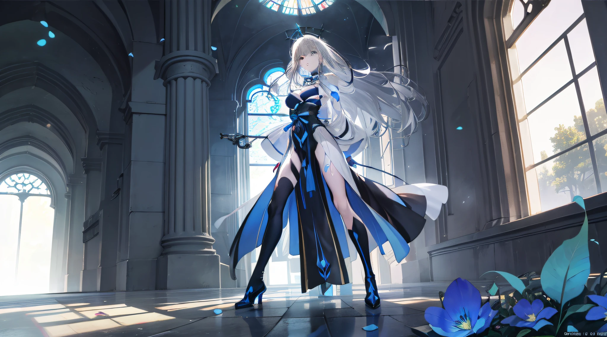 Violet Evergarden, Cosplay as Morgan Le Fay, 1girll, Silver hair,Blue eyes, Red ribbon, Braid, full body, view the viewer, White background，twogirls，Weddings，Tall and tall，The waist is very thin，The legs are long，The legs are thin，cropped shoulders，show legs，Bare chest，obi strip，ornate gown，silber hair，long whitr hair，bow hair，pony tails，Stockings，Long boots，black glove，bound waist，cropped shoulders，big breasts beautiful，Glow official art，offcial dress，chies，hallways，is in night，Bright blue dome，with light glowing，Sky blue petals，fanciful，dream magical，Smoke particles，Side light，（Dingdall effect：1.1），large scene，denoised，RococoStyle，ultraclear，Lots of details，8K，Super sharp and dynamic，tmasterpiece，concept-art，illustration，psychedelia，ultraclear