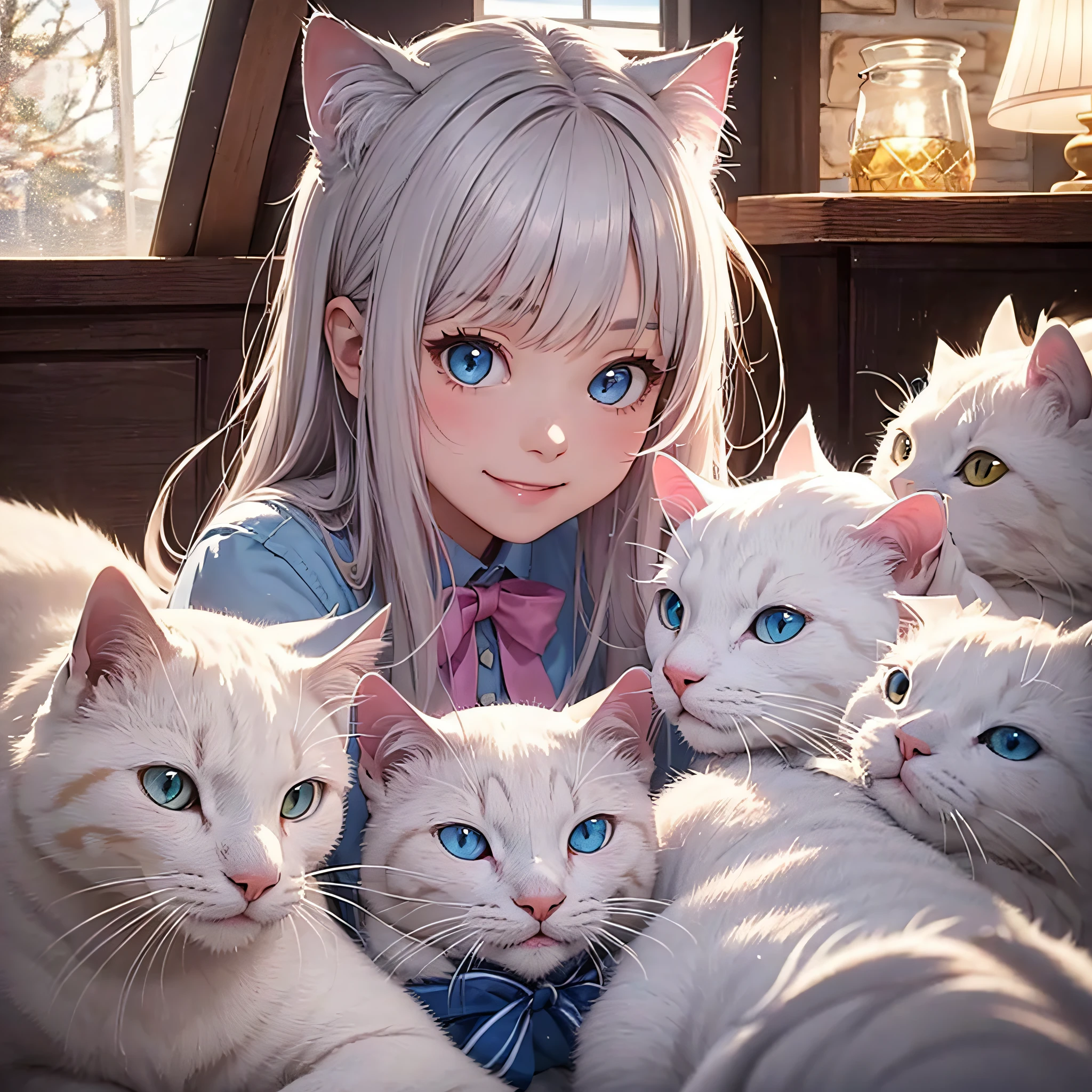 (masterpiece), best quality, ultra-detailed, Cat Girl(Cute with a lot of white cats),cat ear,a smile,blue eyes,Pink ribbon,beautiful countenance,The beauty of light,Write,a closeup,Speciality