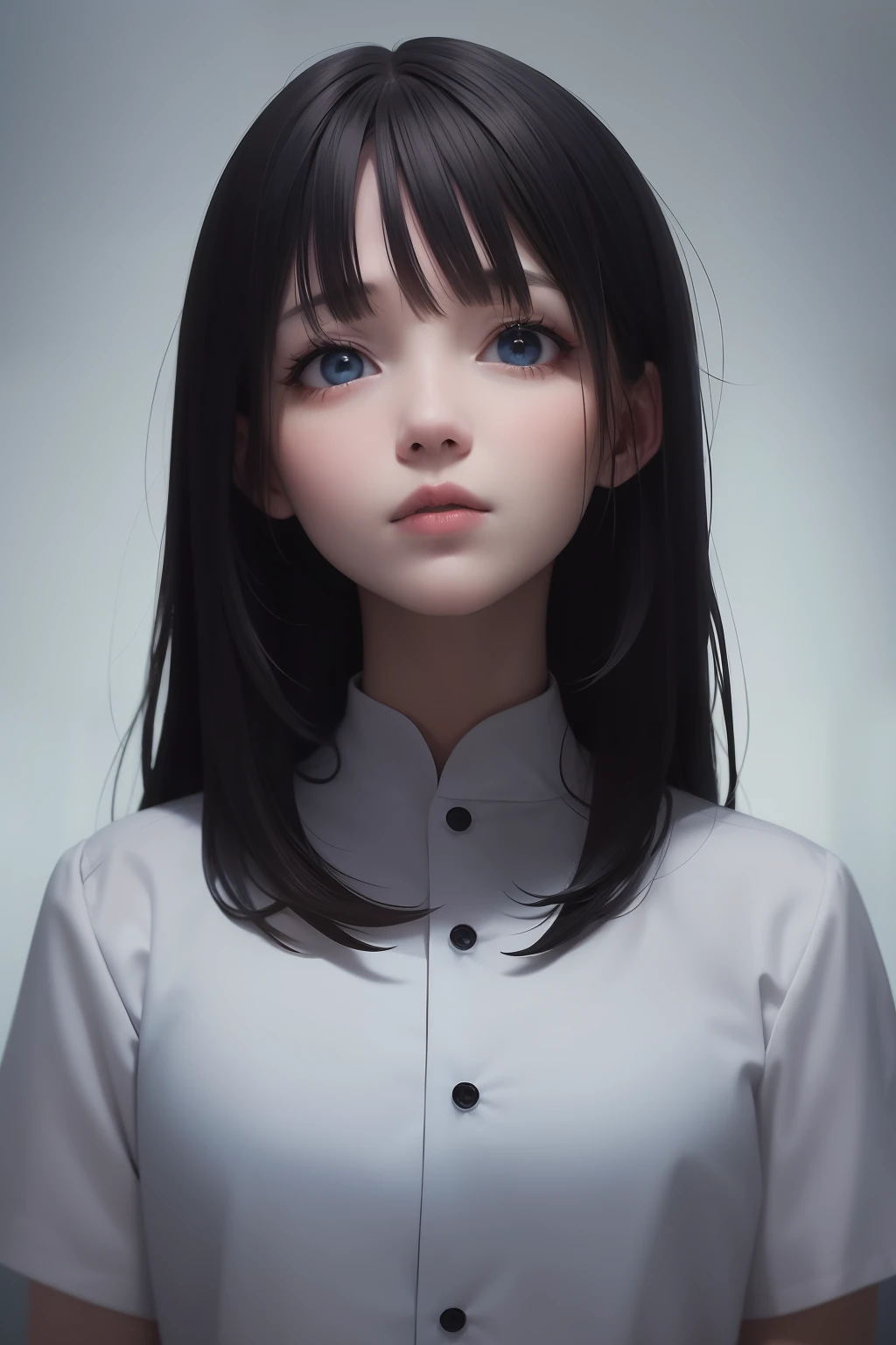 best quality, masterpiece, black hair, blue eyes, looking up, upper body