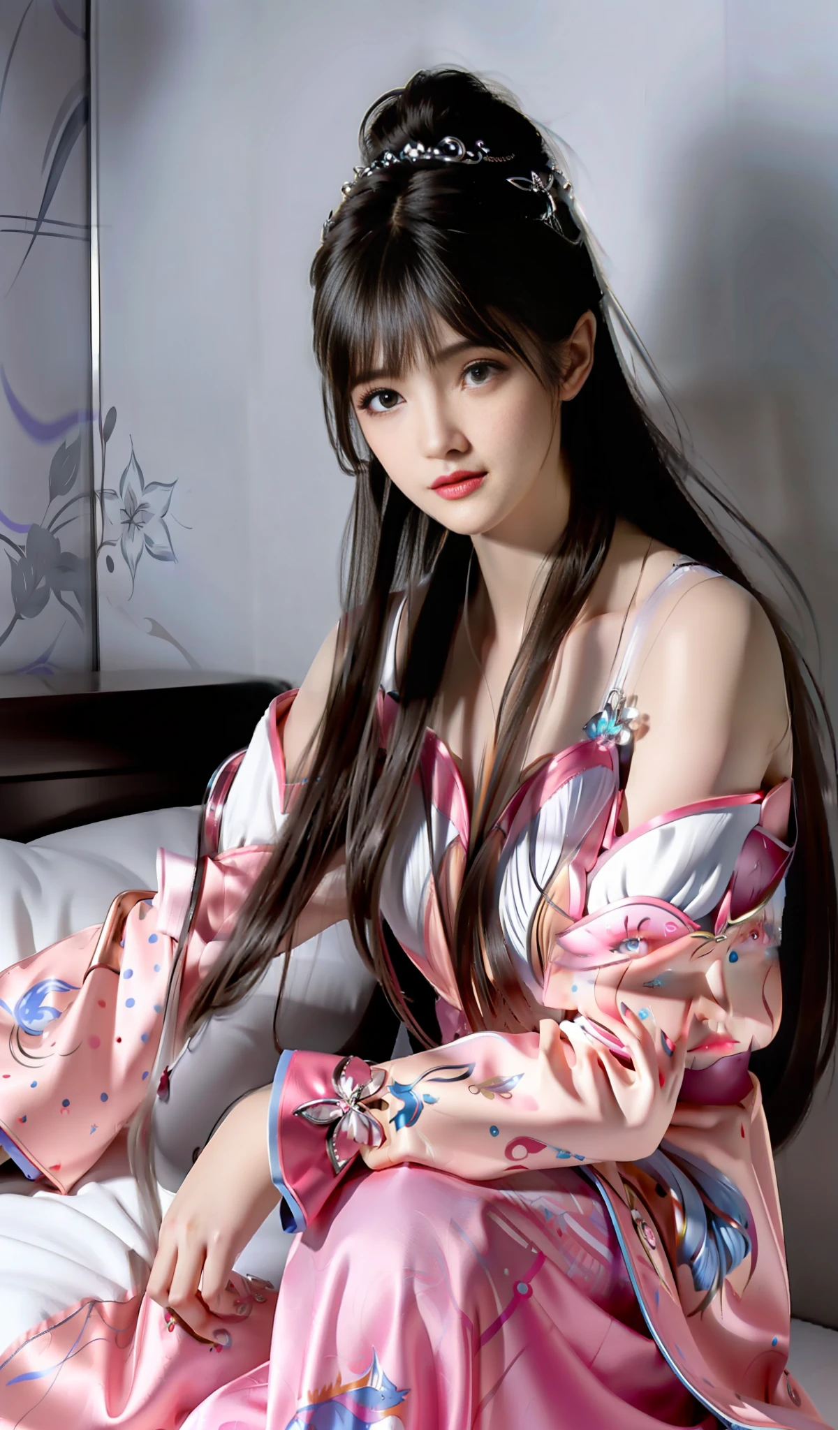 "(((realistic))), ((((woman)))), straight from real life, with (hair_red) red hair, sleeping on a bed wearing (pijama_pink) pink pajamas and long pants."