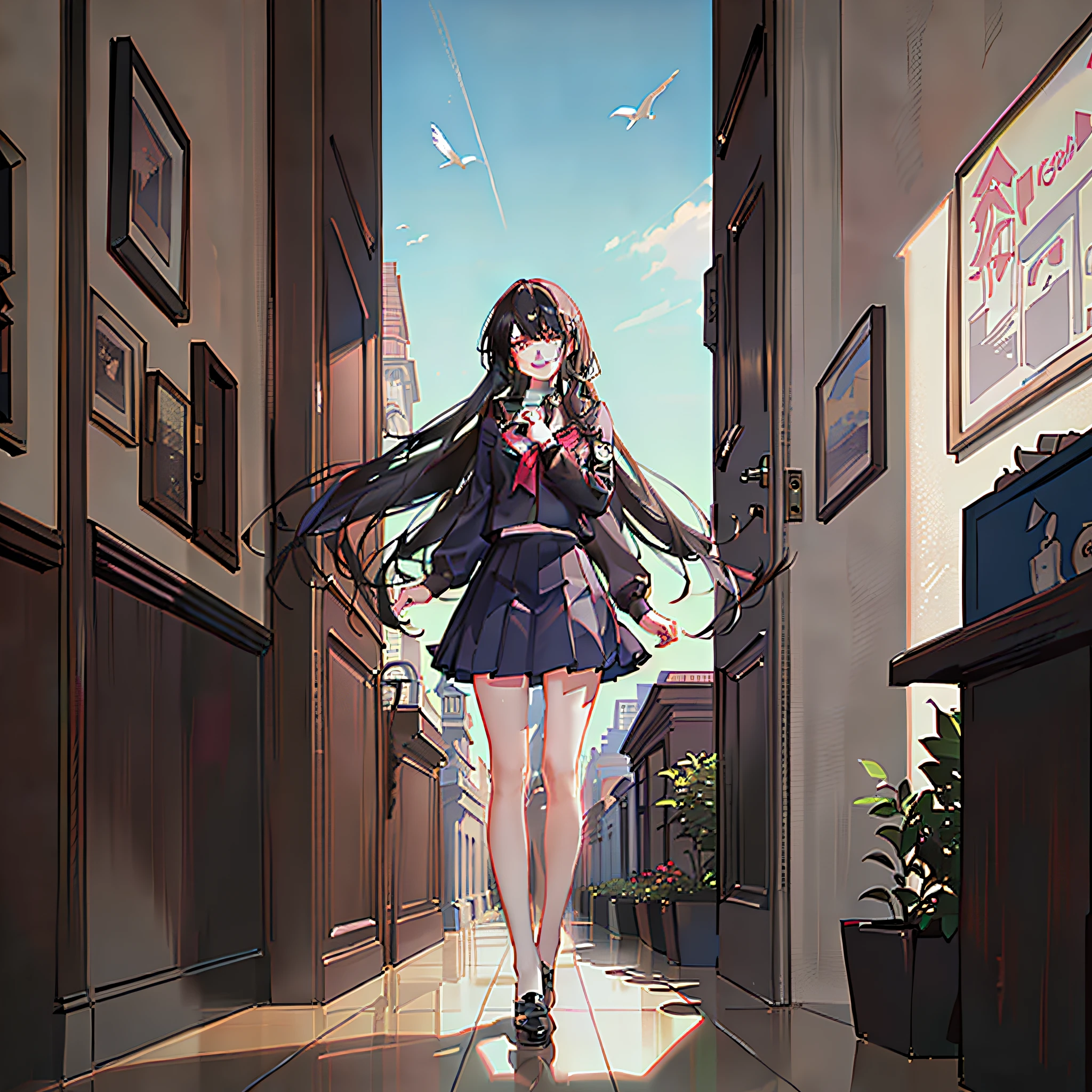 Black long straight female,full bodyesbian,Black student uniform,Laughing and sticking out his tongue,Teasing expressions,Full breasts,long leges,Siamese black silk,heroic look,Handsome sister