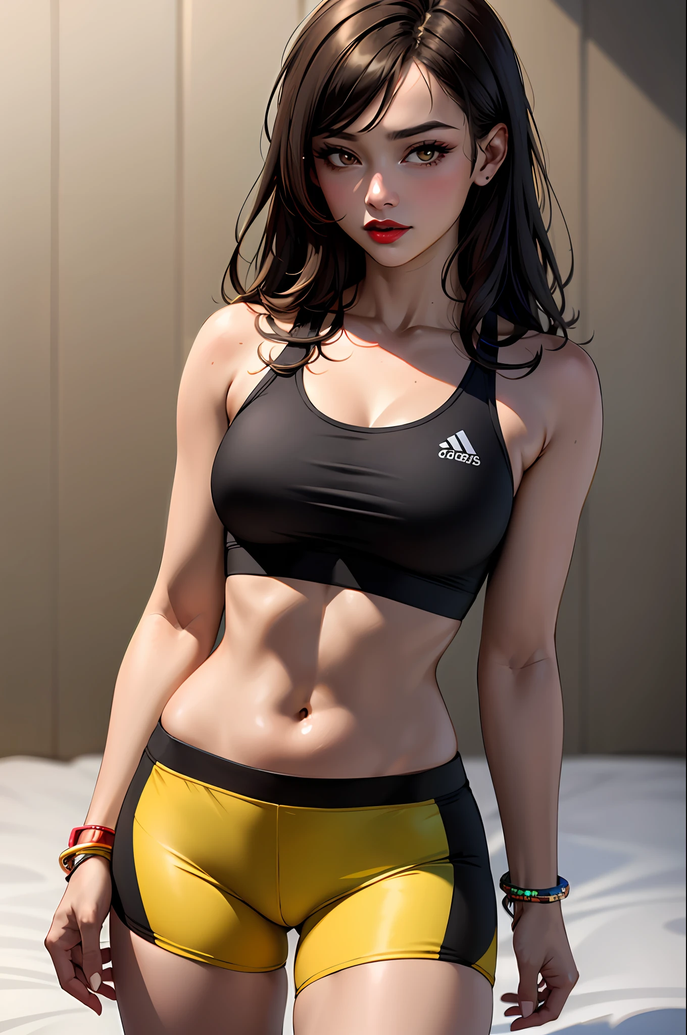 (masterpiece:1.4)、(top-quality:1.4)、
1girl in, Yellow sports bra and black compression shorts,A dark-haired, (Brown-skinned), A bracelet, jewely, large full breasts, length hair, looking at the viewers, Hands folded behind the head, 独奏 ,realisitic,(shinny skin),(masterpiece:1.4),(top-quality:1.4),red-lips