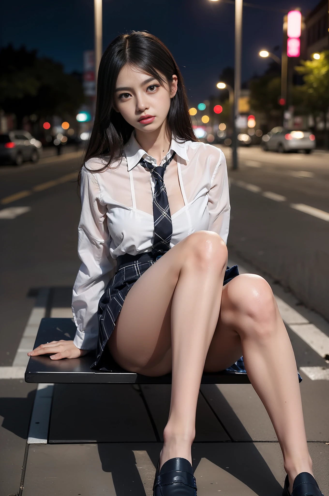 (8k、RAW Photography、top-quality、​masterpiece:1.2、realisitic、Photorealsitic、highcontrast、photon maping、photon maping、Photorealsitic、ultra-detailliert、profetional lighting、low angles:1.2)、(1 girl in)、(独奏:1.5)、(full bodyesbian)、(Height is 170cm)、(18-year-old girl)、(Shinjuku at night Japan)、(Sidewalk bench)、(short plaid skirt:1.2)、(White sheer shirt for students)、 (neck tie:1.2)、(Sitting looking at the front)、(ＭCharacter opening leg)、(100 degree leg opening)、(Crotch open:1.2)、(Light brown medium hair)、(cammel toe)、(Black loafers:1.2)、(beauitful face:1.2)、(perfectly proportions:1.2)、(Long feet:1.2)、(small tits:1.3)、(You can see the pubic area from under the skirt:1.2)、(Pubic hair in women is clearly visible:1.4)、(pubick hair:1.4)、(witheout panties:1.2)、(Textured skin)