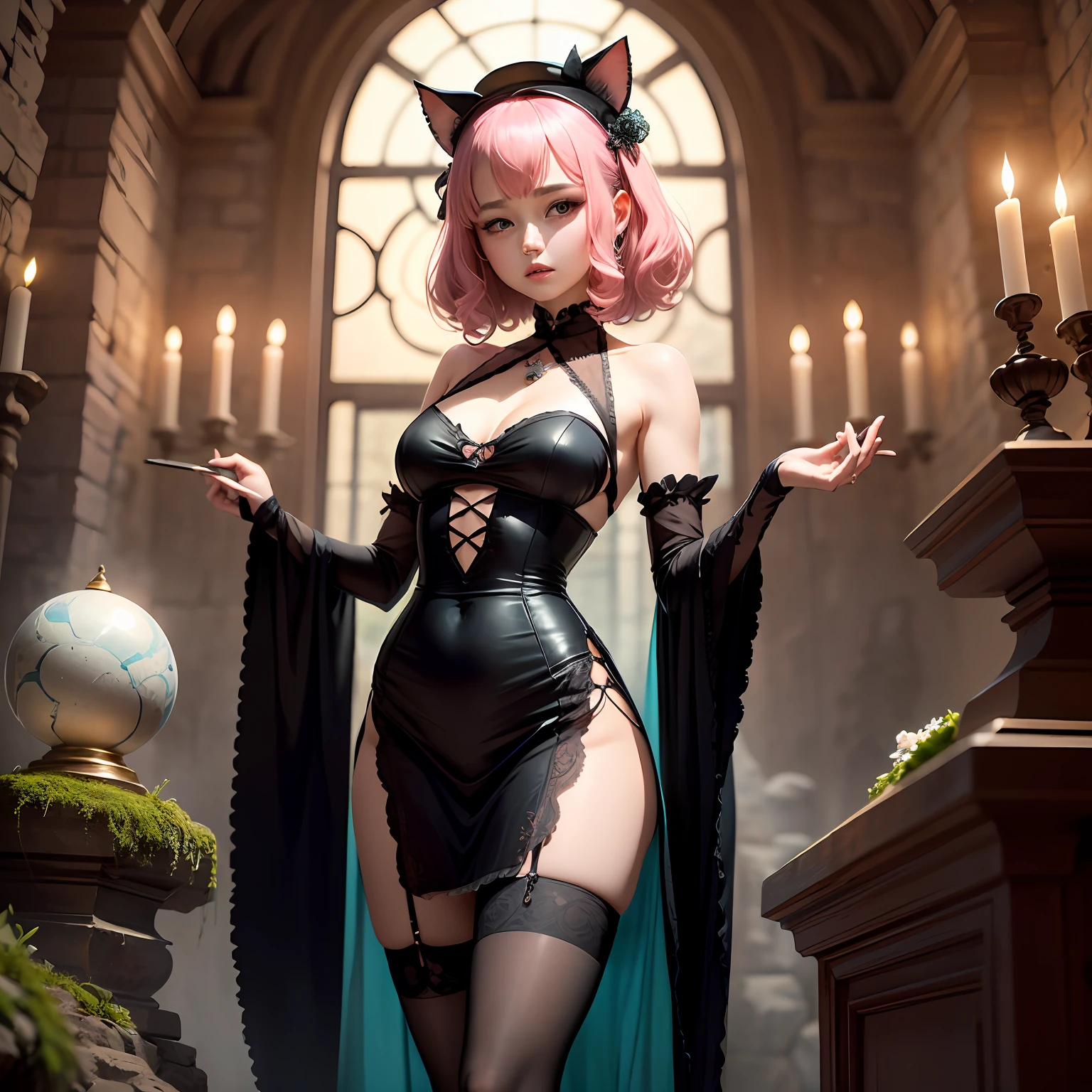 It shows a cat-eared lady dressed in a gorgeous gothic ta costume。She has curly pink hair that reaches her waist,He wears a black lace top hat on his head,The brim is embellished with a white bow。Her skin is fair and translucent,The eyes are emerald-like turquoise,The nose is small and cute。She has pink cat ears on top of her head,The tips of the ears are black,At this time, he turned curiously to the side and stood sideways。She was gorgeously dressed,The skirt interwoven with black lace and pink silk covers the knee,The skirt was draped over a pink tulle shawl。She wears pink stockings and black tapered heels,Standing next to an ancient stone altar,On the altar rests a heavy magic book,and a crystal ball。Her expression was a little shy,It exudes a mysterious and mysterious atmosphere。It is surrounded by ancient stone tiles mixed with moss,It is a stark contrast to her outfit。Some veils can be added to the background,waxy candles,Elements such as ornaments related to magic。 --auto