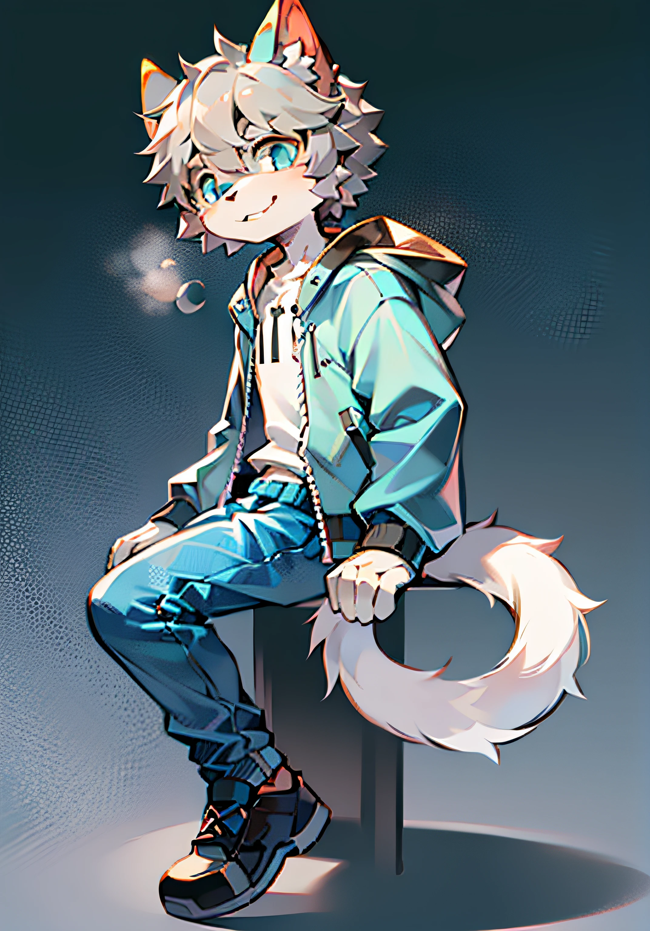 Bright eyes, character bust photo, Q version, avatar frame, character focus, solo, furry, furry male cat, male yellow-white fur, blue eyes, gray hair (long) loli style, little cute, will sell cute, wearing blue clothes and pants, has a tail