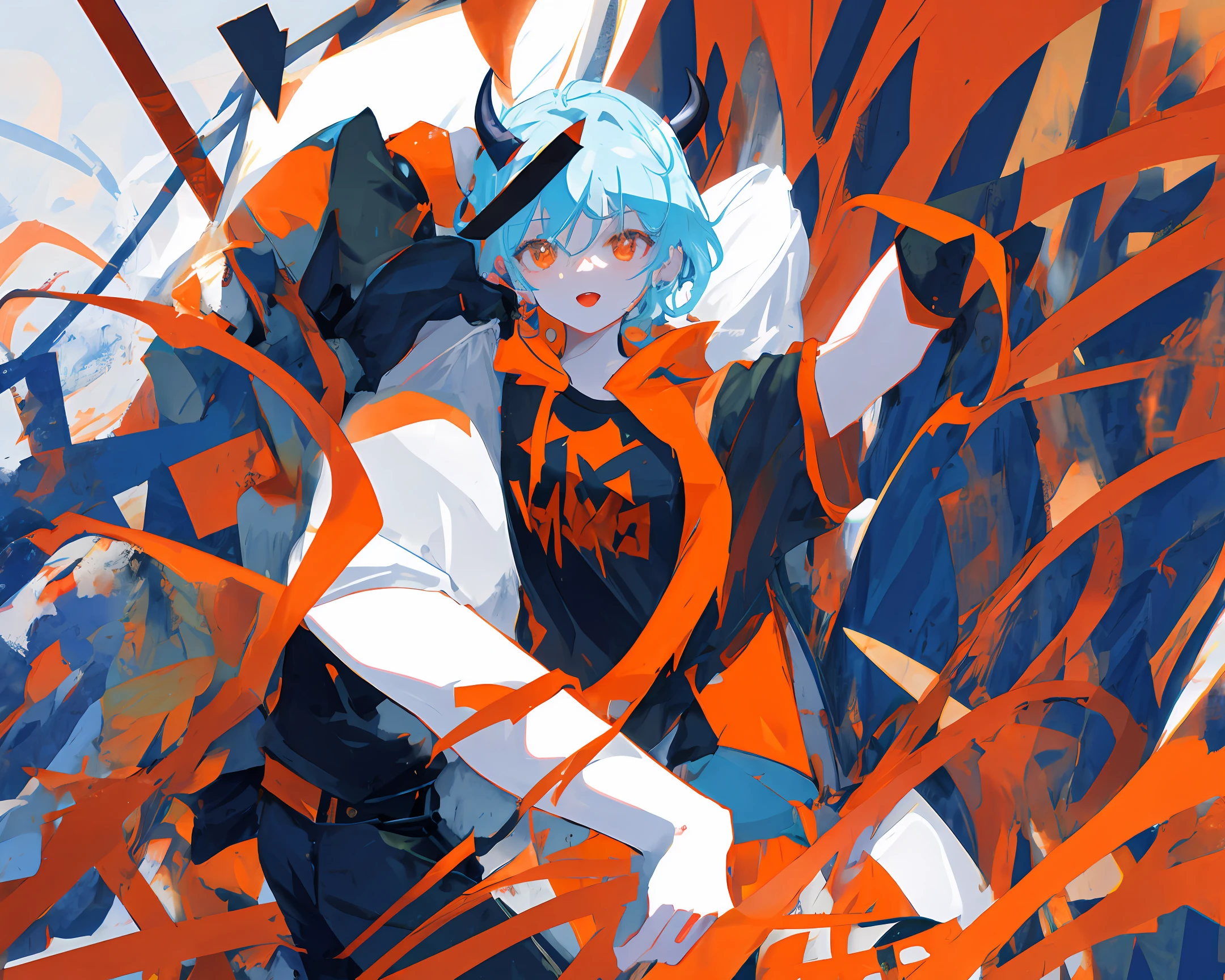 The skin is H41S100V100 Orange,Wearing a short dark blue shirt with red demon horns on his head,There is a tail behind the head,The pupil color is light blue