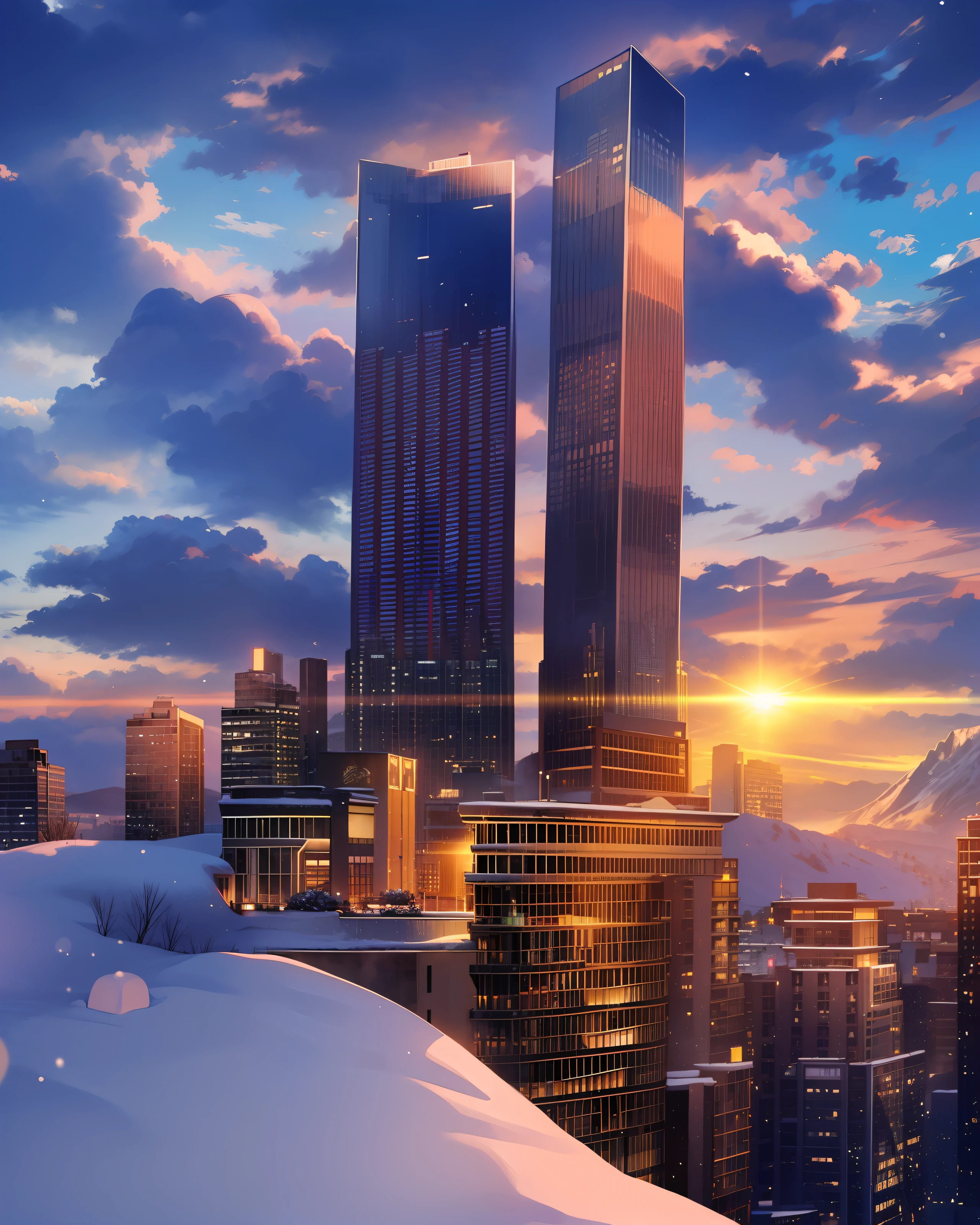 Masterpiece, Best Quality, Snowy Mountains, Winter, Skyscrapers, Morning Sun, Colorful Sky, Clouds, Warm Scenes