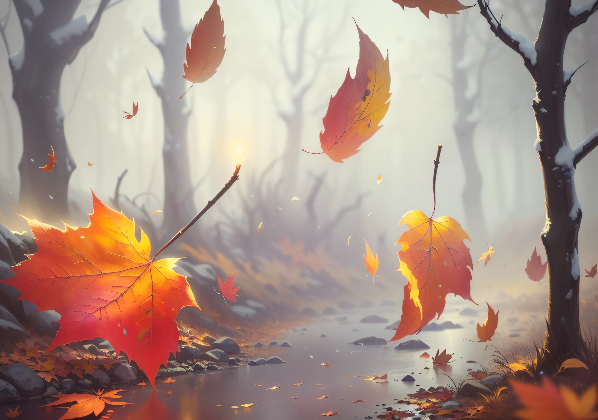 There are a lot of leaves falling from the tree, hyperrealistic fall, magical leafs falling, falling leaf, background artwork, Beautiful digital artwork, Atmospheric. Digital painting, Arte conceitual de inverno, falling leaf, Autumn wind, Falling leaves, dreamlike digital painting, Detailed painting 4 K, Autumn leaves fall, illustration concept art, wind blowing leaves, Concept art wallpaper 4K